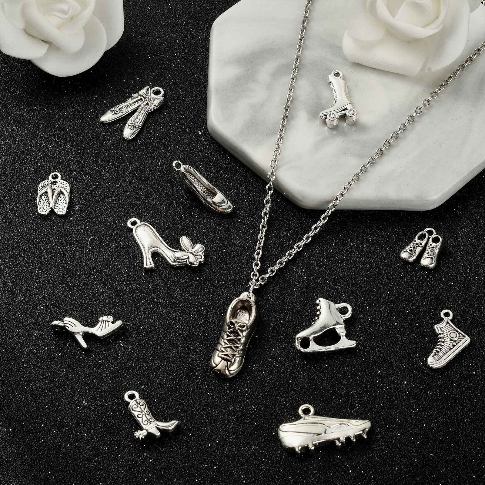 Stiesy 120Pcs 12 Styles Vintage Shoes Charms Antique Silver High Heels Shoes Charms Tibetan Cowboy Boot Ice Skates Charms for DIY Crafts Jewelry Making - Image 4