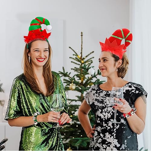 Miniatura 5 de Kuscul Juego de 4 piezas de disfraz de elfo de Navidad, diadema de elfo, campanas de muñeca, falda tutú para juegos de rol de Navidad, accesorios de