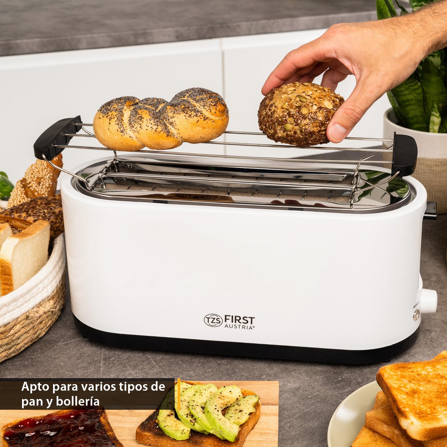 TZS First Austria - Tostadora 4 rebanadas, 1400W, bandeja recogemigas, soporte panecillos, carcasa aislada, ajuste temperatura, acero inoxidable, función descongelar, centrado pan