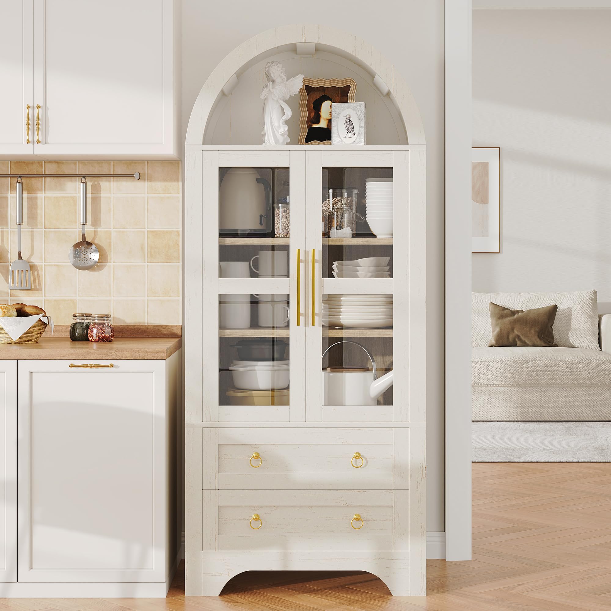 Armadietto da cucina con ante in vetro e cassetti, design ad arco, per soggiorno e sala da pranzo, 76,2 x 40,1 x 180 cm, bianco