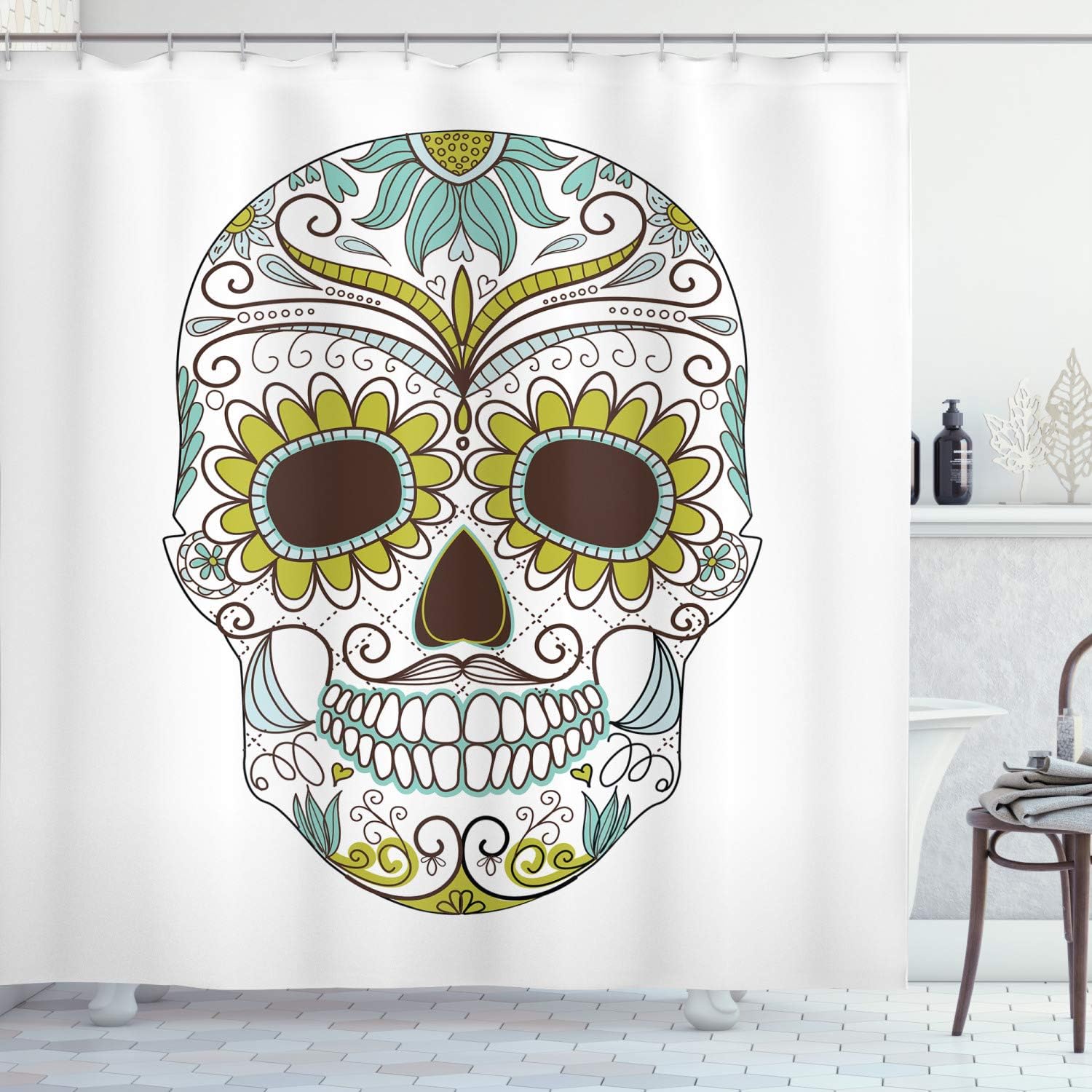 Ambesonne Sugar Skull Shower Curtain, Folkloric Calavera Elements Floral Day of The Dead Theme, Cloth Fabric Bathroom Decor Set with Hooks, 69" W x 75" L, Apple Green Brown Seafoam