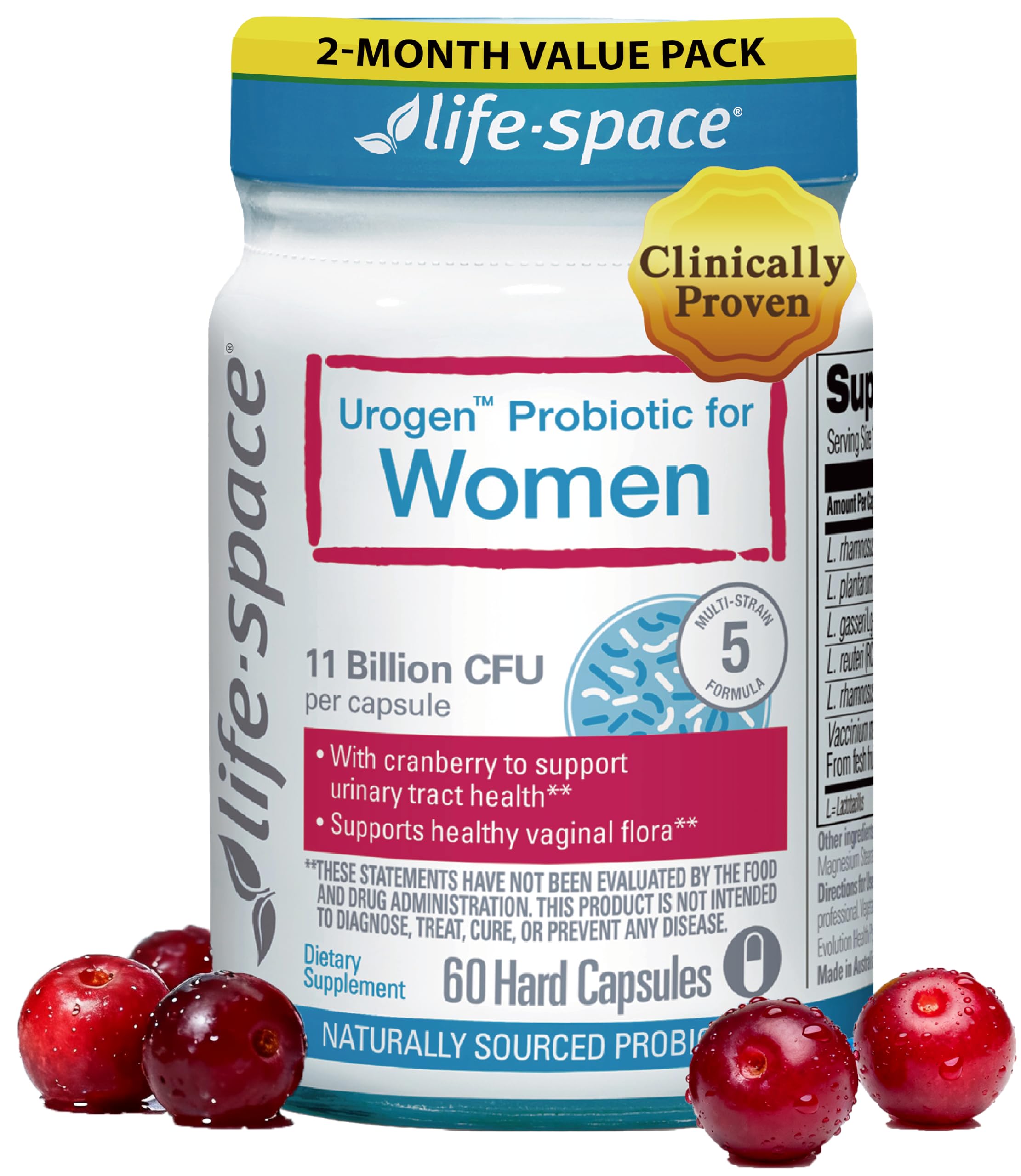 Life-Space Urogen Probiotics for Women, Probiotics+Cranberry, 2 Month Serving, Women's Probiotic for PH Balance, Urinary Tract, Digestive & Immune Health, Lactobacillus reuteri, Non-GMO, 60 Ct