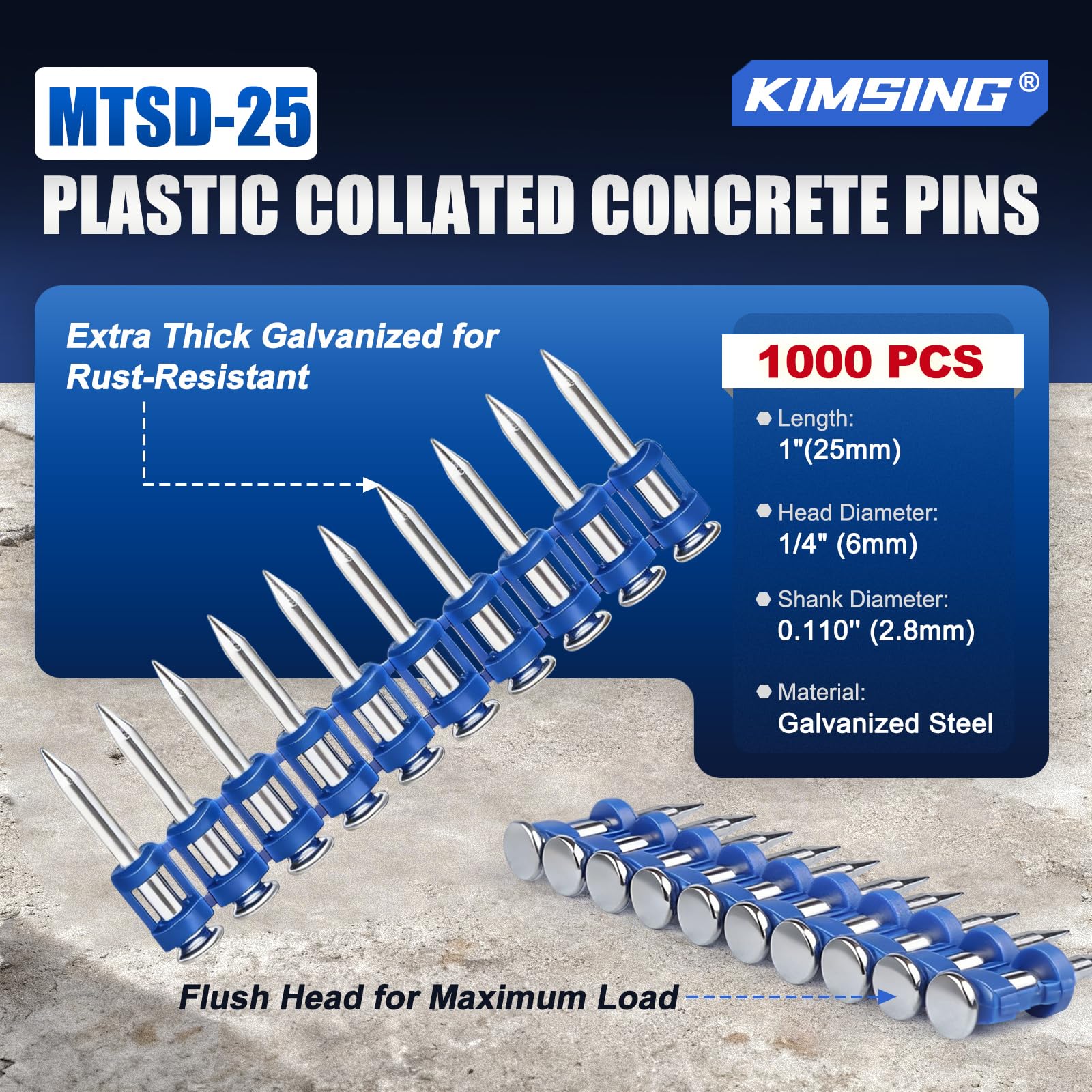 KIMSING MTSD-25 12GA clavos para hormigón 25mm 1000 pzas para puertas | Galvanisation épaisse anticorrosion, bande plastique pour chargement facile, 25mm, pour portes, fenêtres et plafonds