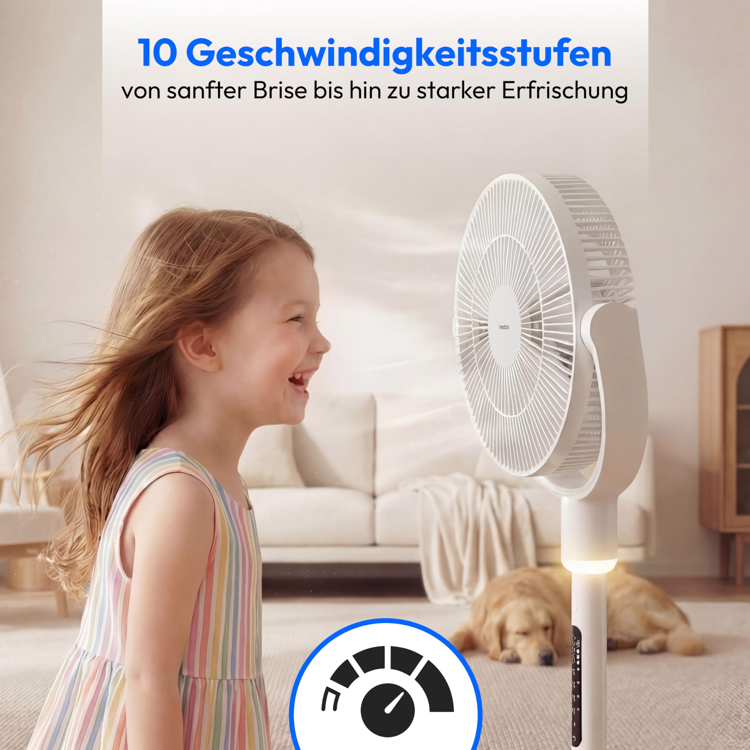 MEDION Standventilator mit Akku P25 SF - Ventilator groß, Fernbedienung, 26dB sehr leise, kabelloser Betrieb, flexibel einsetzbar, höhenverstellbar, 10 Stufen, 24 Watt, 350° Oszillation, Nachtlicht