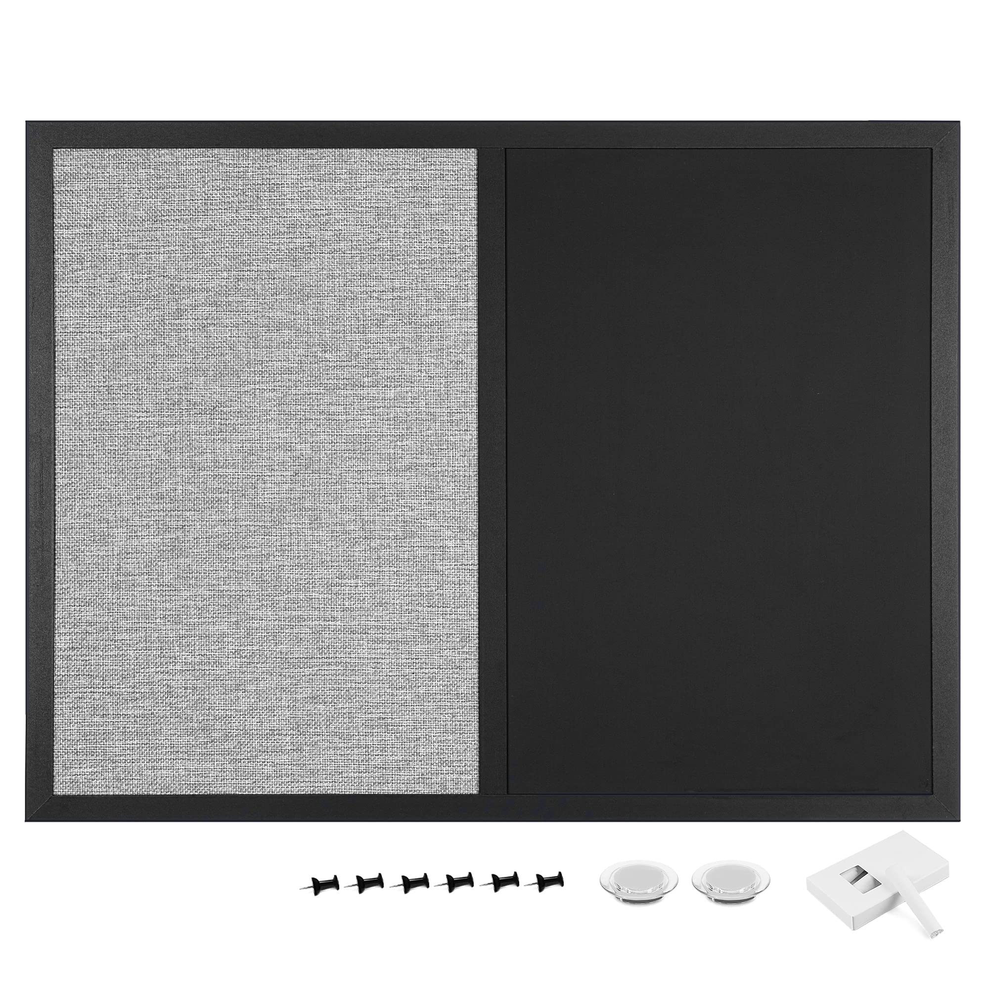 Navaris Lavagnetta Combinata Ardesia e Tessuto Punta-Spilli - Lavagna Magnetica Nera e Bacheca 60 x 45 cm - Memo Board con Gessi Magneti e Puntine