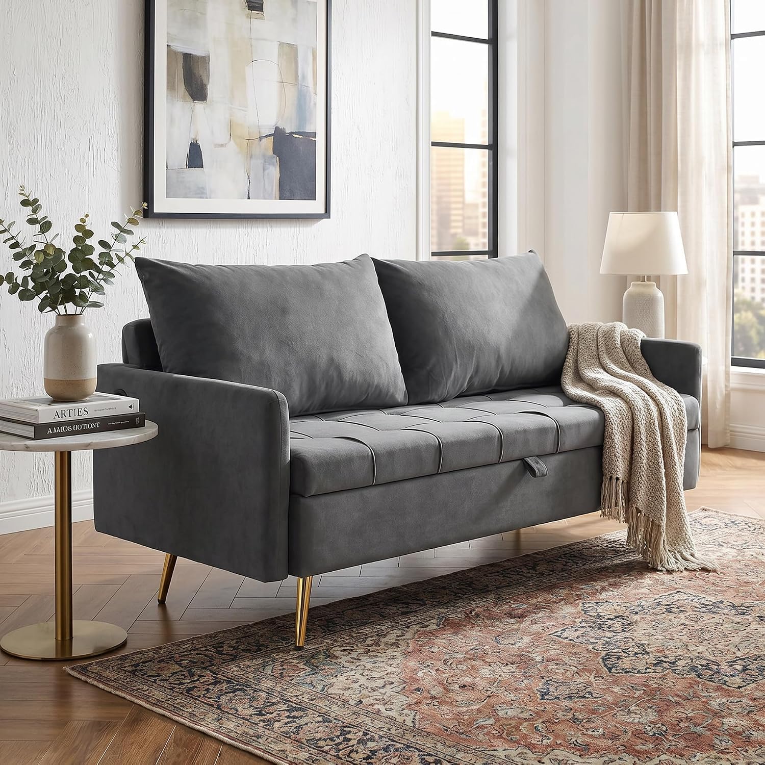 AILEEKISS Mid Century Modern 60-inch W Grey Loveseat Storage Sofa product photo
