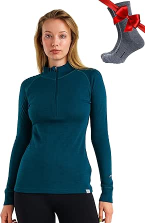 Merino Wool Base Layer Women - 100% Merino Half Zip Sweater Women Lite, Midweight, Heavyweight Thermal Shirts + Merino Socks