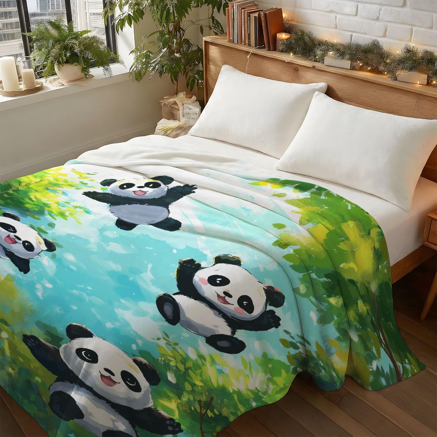 Wielokolorowy, miękki koc flanelowy, spokojna, urocza panda, super ciepły koc polarowy, wysokiej jakości, wygodne runo, na sofę, łóżko i salon, 180 cm x 200 cm