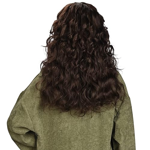 Miniatura 6 de LONAI WIG006 - Peluca rizada marrón de 23 pulgadas con flequillo, peinado largo vintage con flecos, peluca sintética para mujer, uso diario, fiesta,