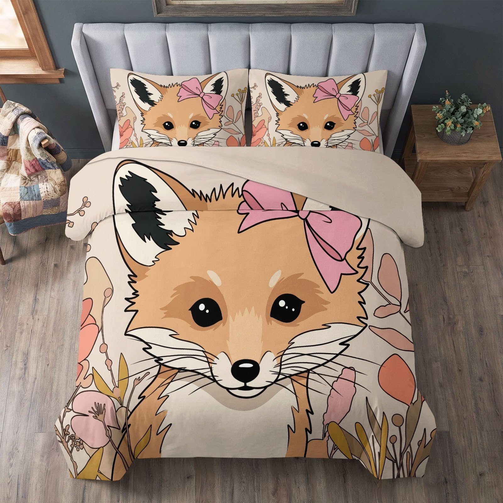 Generisch Bettwäsche Set 3-teilig 200 x 200 cm, Niedlich Handgezeichnet Kinderbettwäsche Mikrofaser mit Reißverschluss - Bettbezug Tiere Fuchs Schleife für Jungen Mädchen Hellbeige Bettwaren
