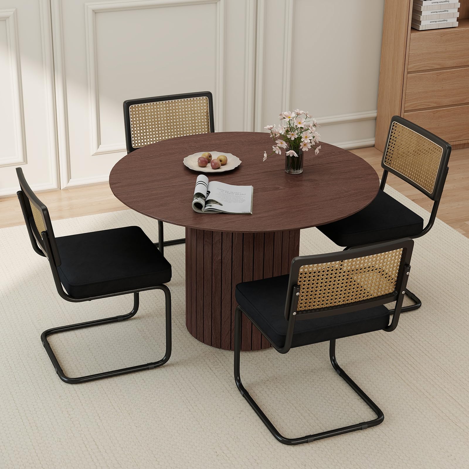 GrandCA HOME Pack de 4 Sillas de Comedor con Respaldo de Caña Natural y Base de Acero Metálico, Sillas de Cocina Tapizadas de Ratán,Negro-1