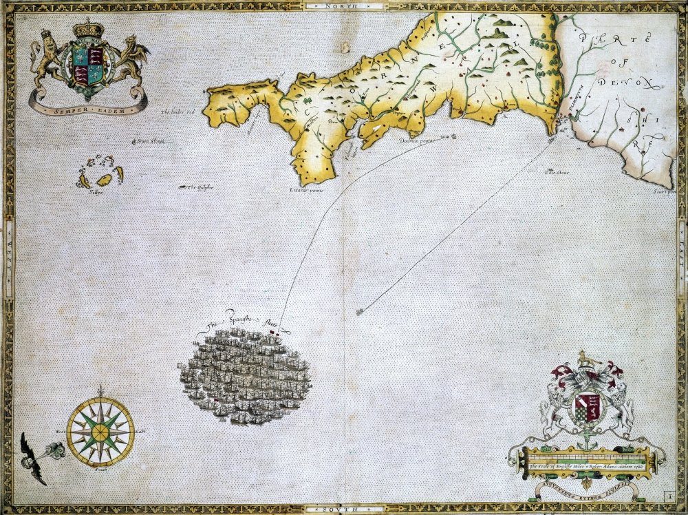 Spanish Armada 1588 Nenglish Map Engraved 1590 By Augustine Ryther After Roberto Adamo Showing The Spanish Armada Tightly Packed In The English Channel Off The Coast Of Cornwall Late July 1588 Poster