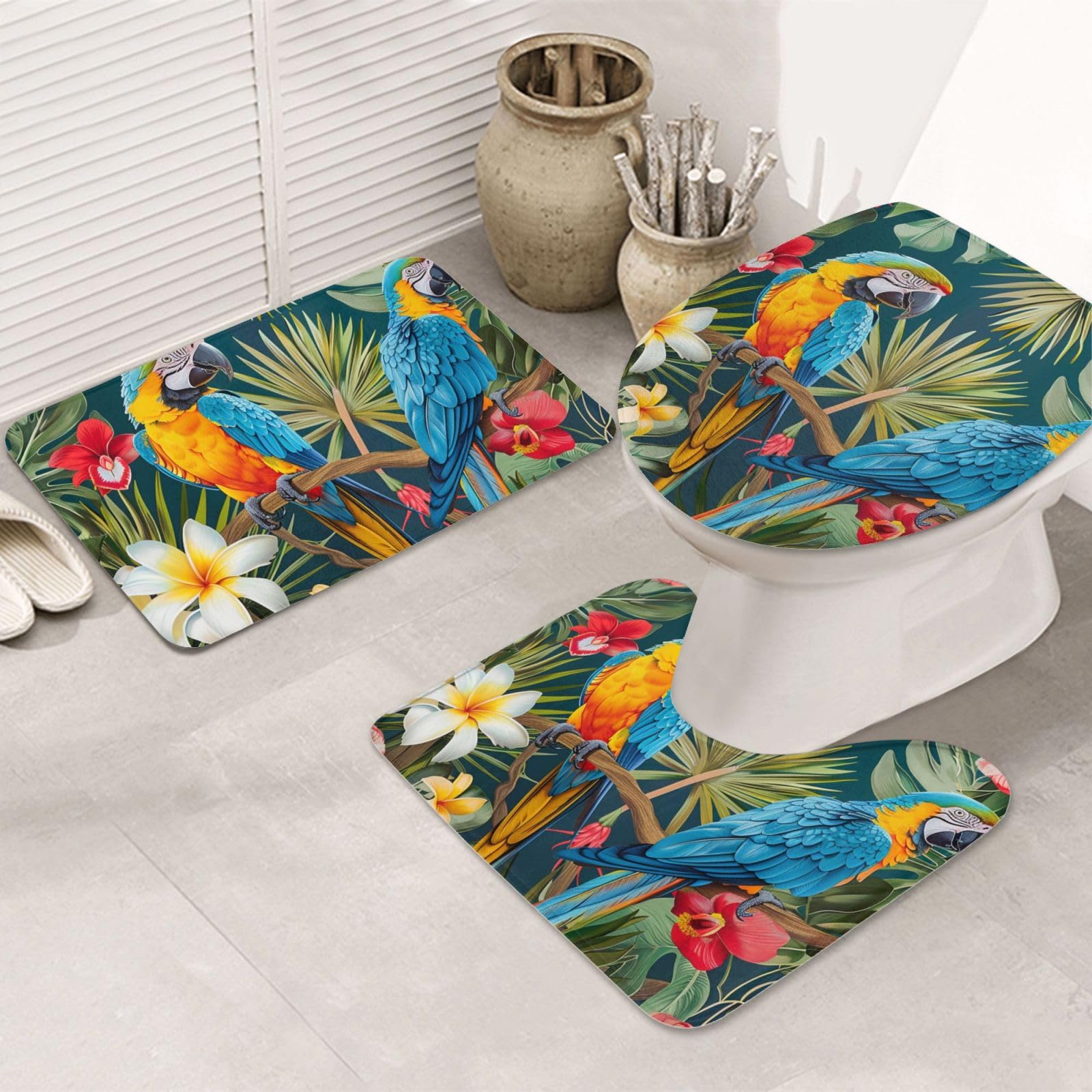 Tapis de bain en flanelle motif plantes et perroquets (lot de 3 pièces)