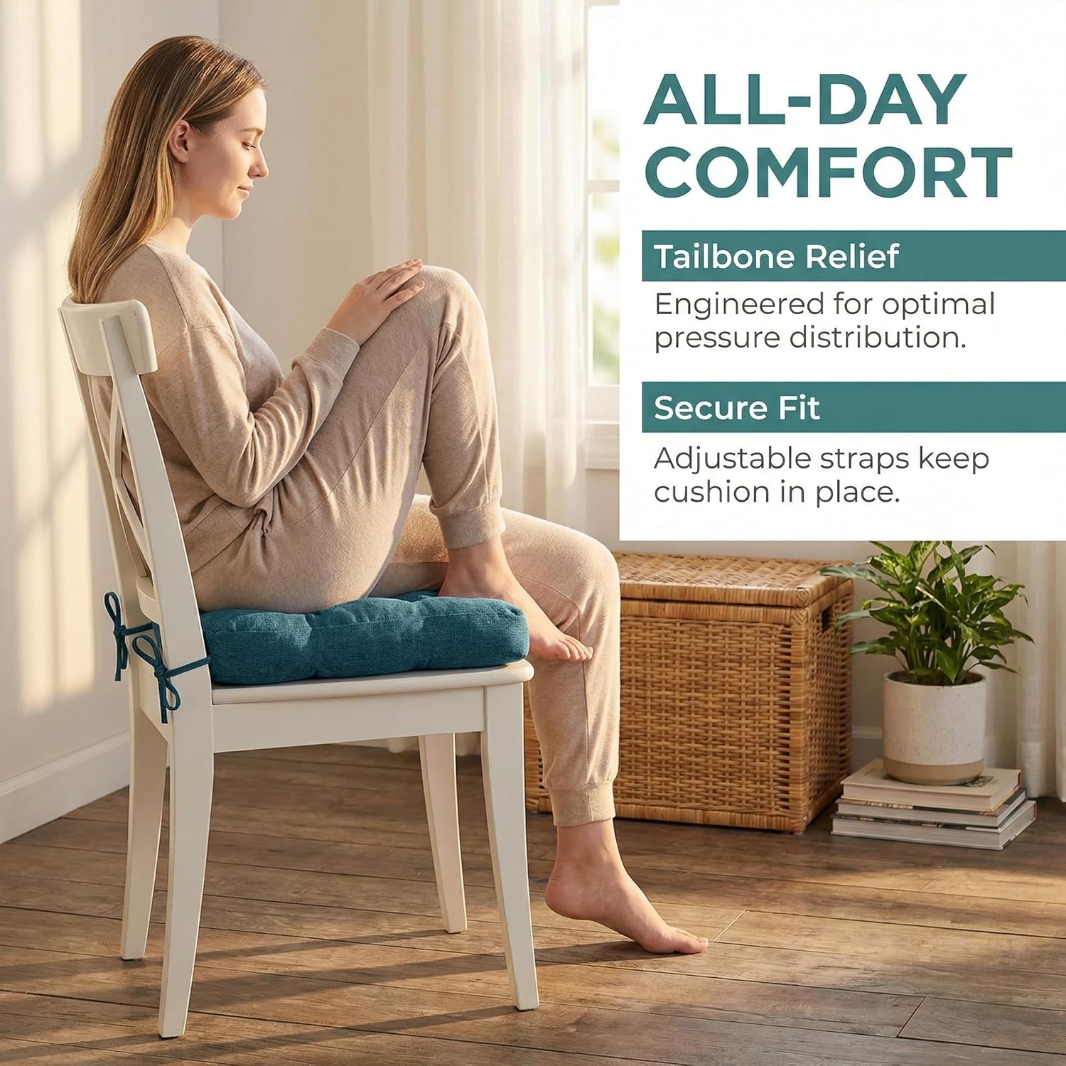 baibu Set of 6 Dining Chair Cushions, Dual-Layer Patent Design Memory Foam Kitchen Chair Cushions, Non-Slip Seat Pads with Ties, 16.5 x 16.5 x 3.5in, 6 Pack, Blue