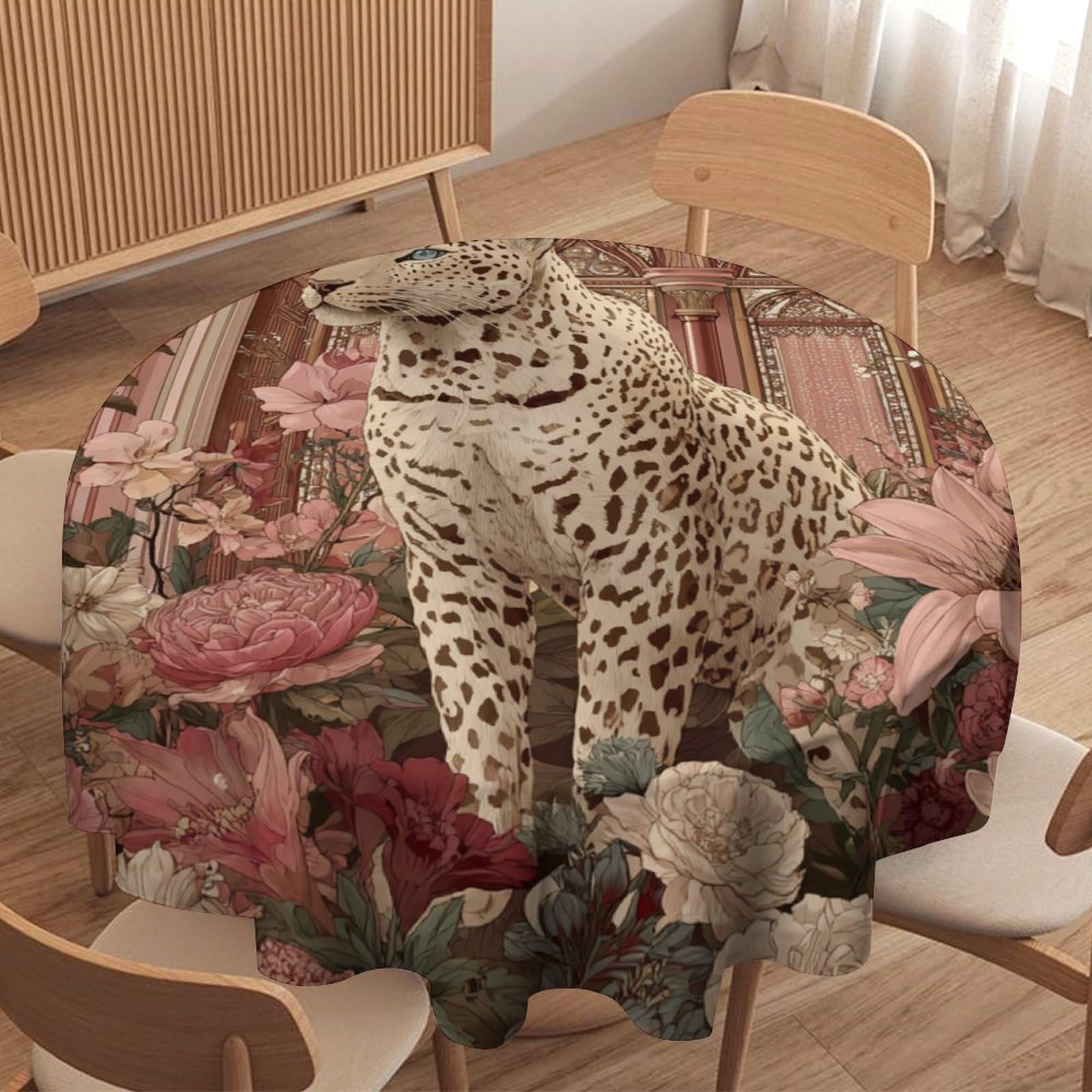 LUYYSKY Modern Cool Elegant Leopards Waterproof Round Tablecloth Rustic Abstract Animals Cheetah Plants Roses Flowers Washable Table Cover for Kitchen-127 Wx127 L cm
