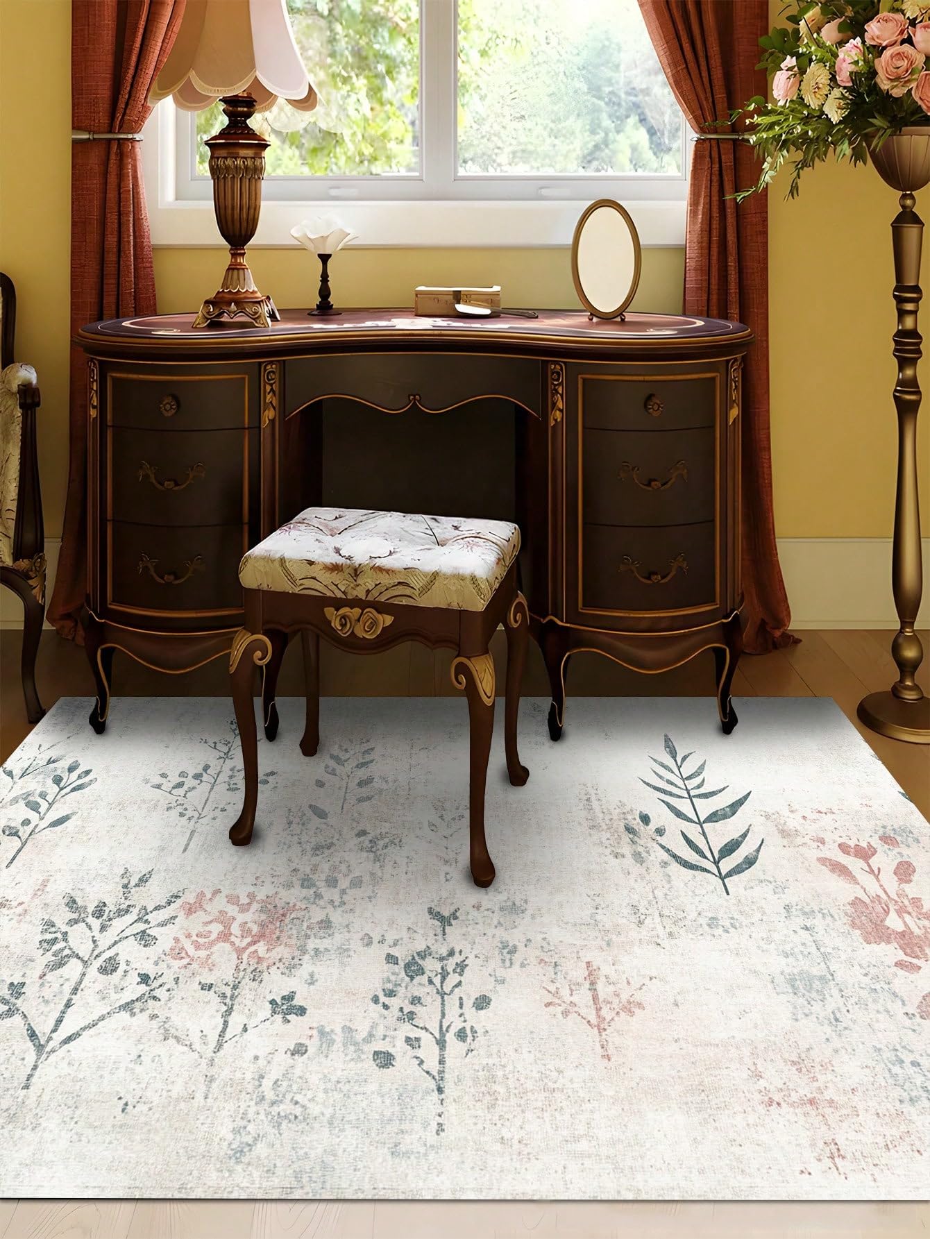 Tapis vintage floral lavable 120x160 cm résistant taches