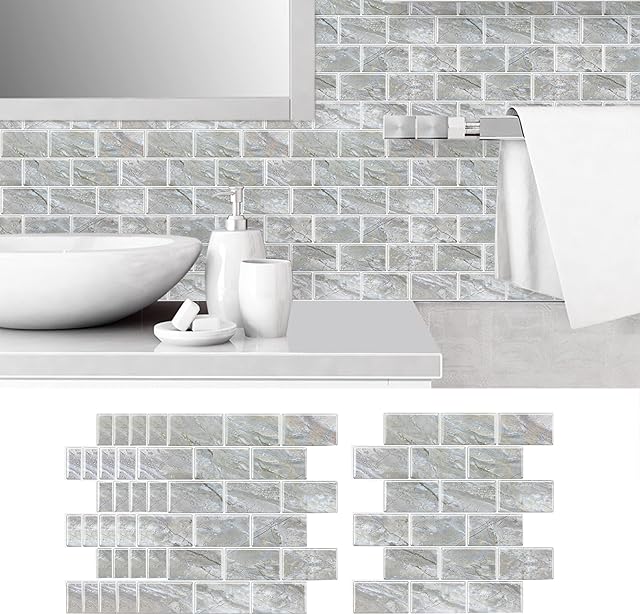 3D Wall Sticker Tiles, Marble Peel and Stick Backsplash Tile for Kitchen Self Adhesive Waterproof Oil Proof DIY Tile Sticker Removable Brick Wallpaper for Bathroom Wall Home Decor 5 Sheets 12" x 12"