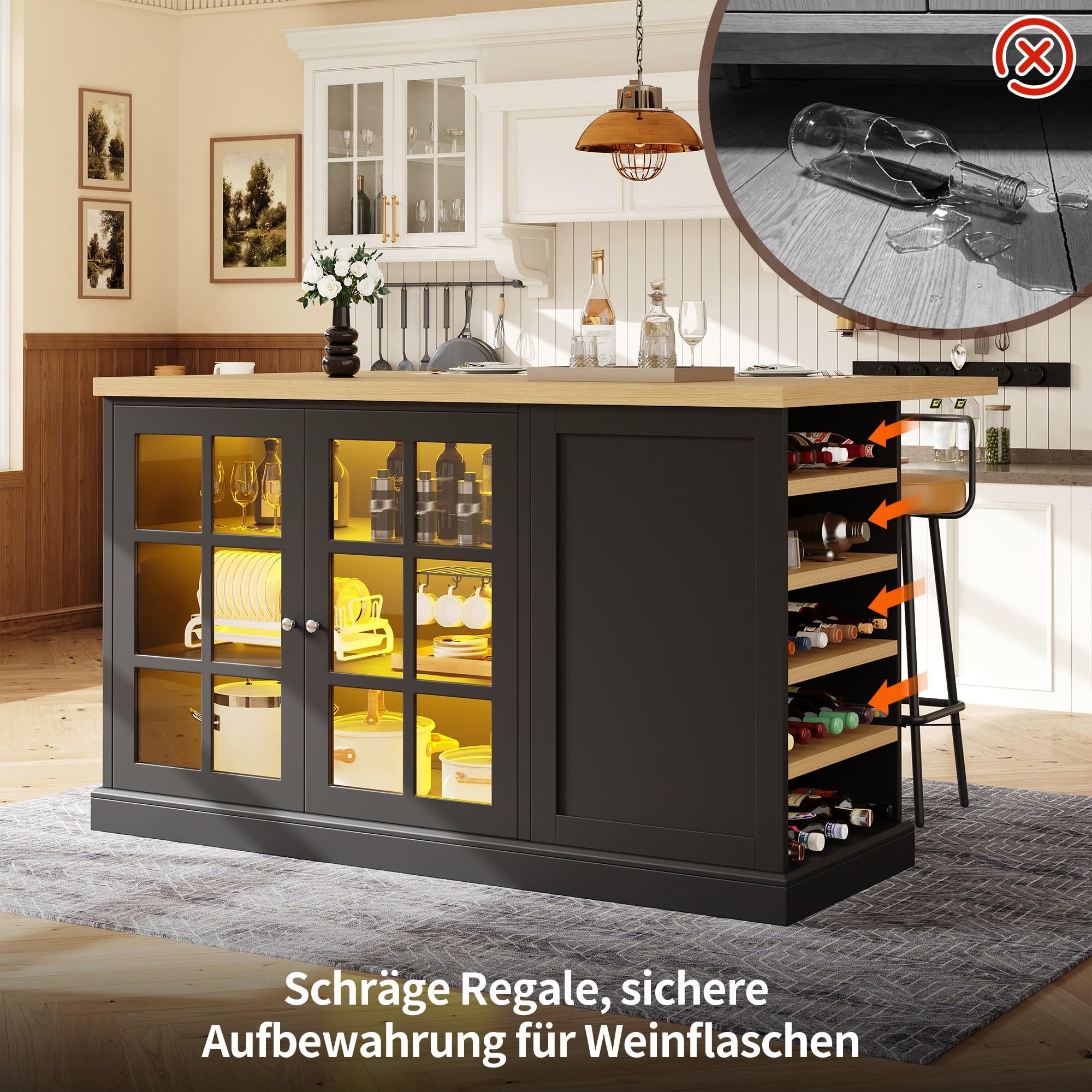 Klappbarer Bartisch Kücheninsel mit Smart LED Farblicht, Schräges Weinregal & Aufbewahrungsschublade, Platzsparend für kleine Wohnungen, USB-Betrieb
