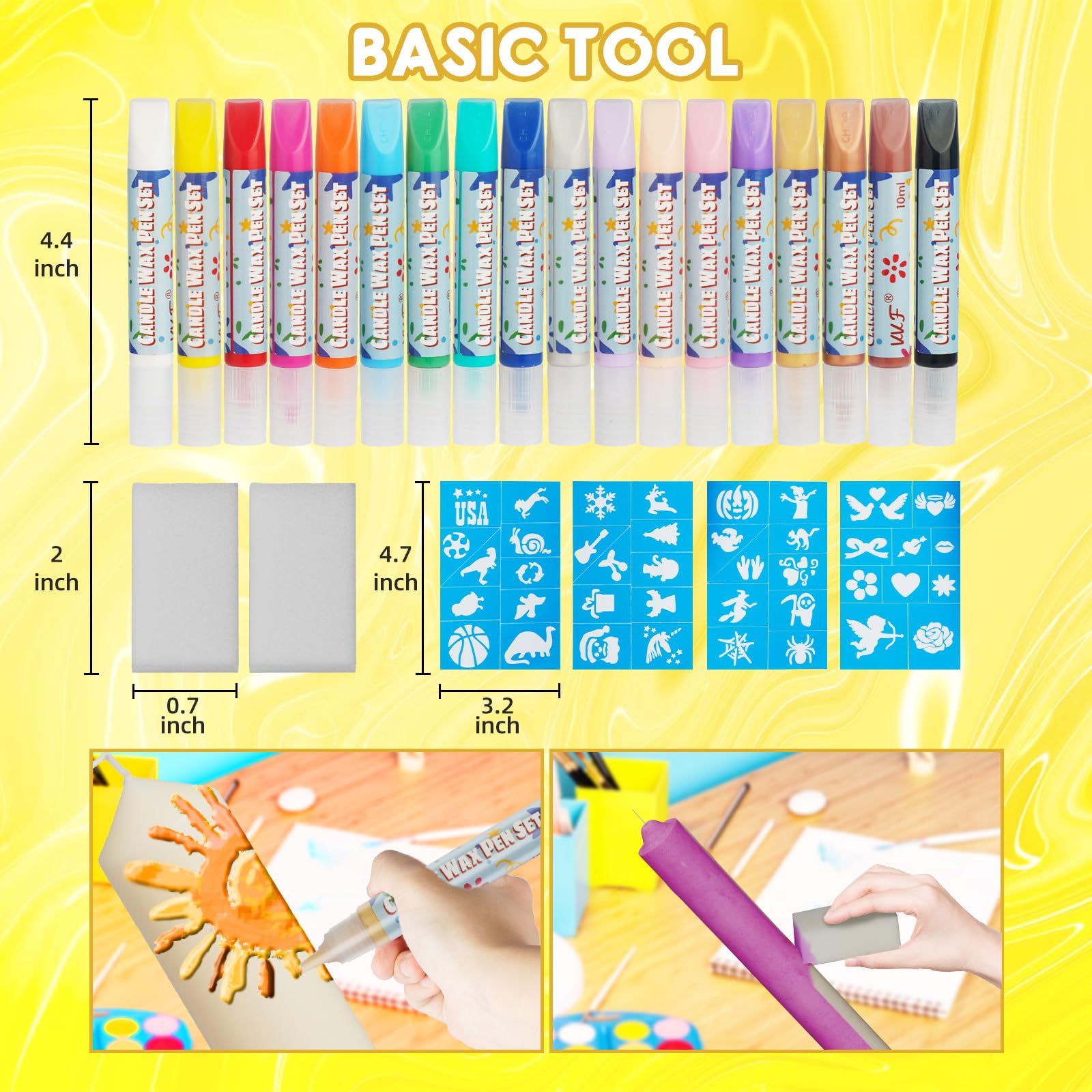 VVF Candle Paint Set, 18-Color Candle Wax Pens (3 Metallics) with Sponge & Sticker Stencils, Great for Candle Making, DIY Crafts, Holiday Gifts & Kids Painting((10ml*18)