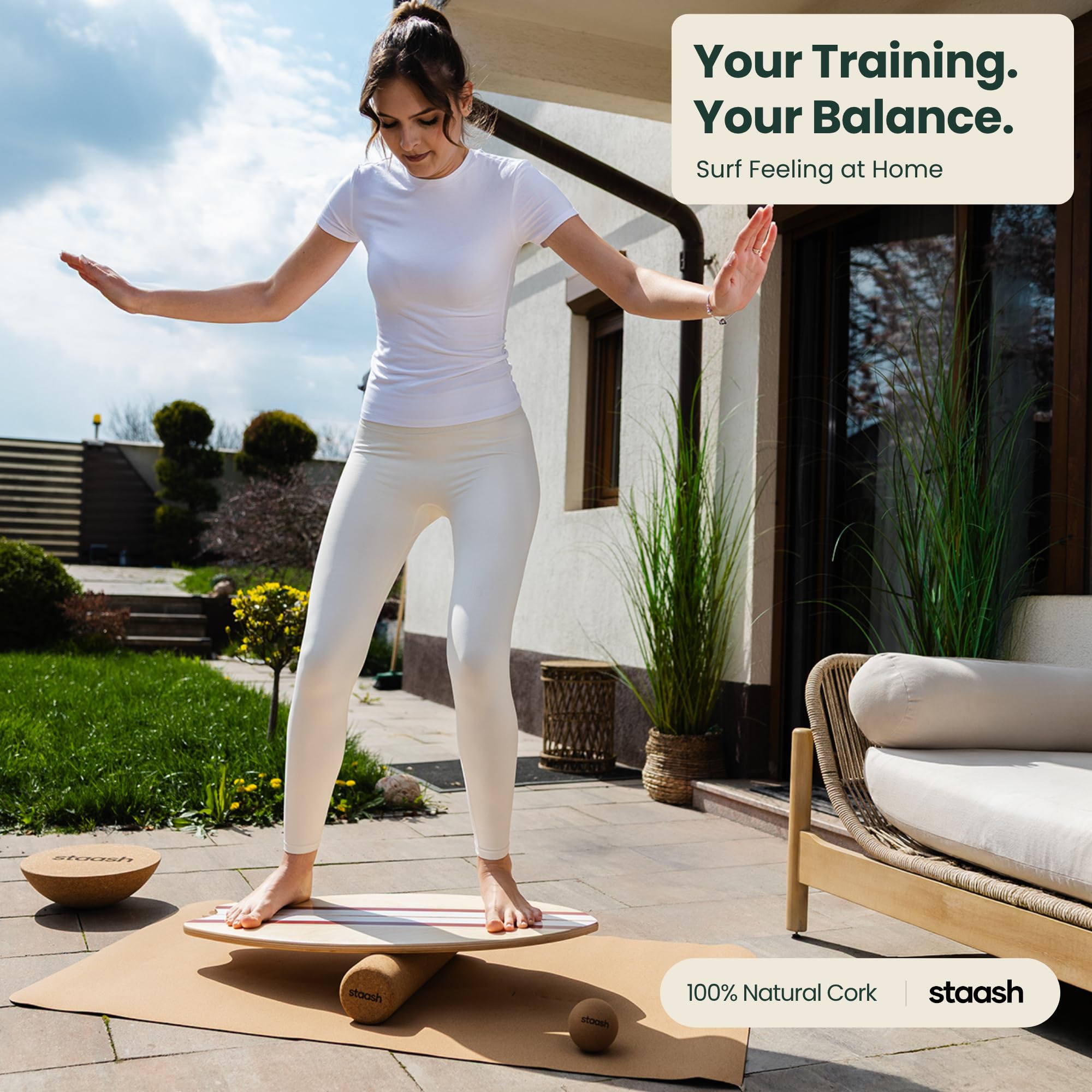 STAASH® Kit Completo 5 in 1 – Balance Board in Legno Premium + Rullo + Semisfera + Pallina + Tappetino in Sughero – App di Allenamento Gratuita – Fitness, Yoga, Surf, Riabilitazione