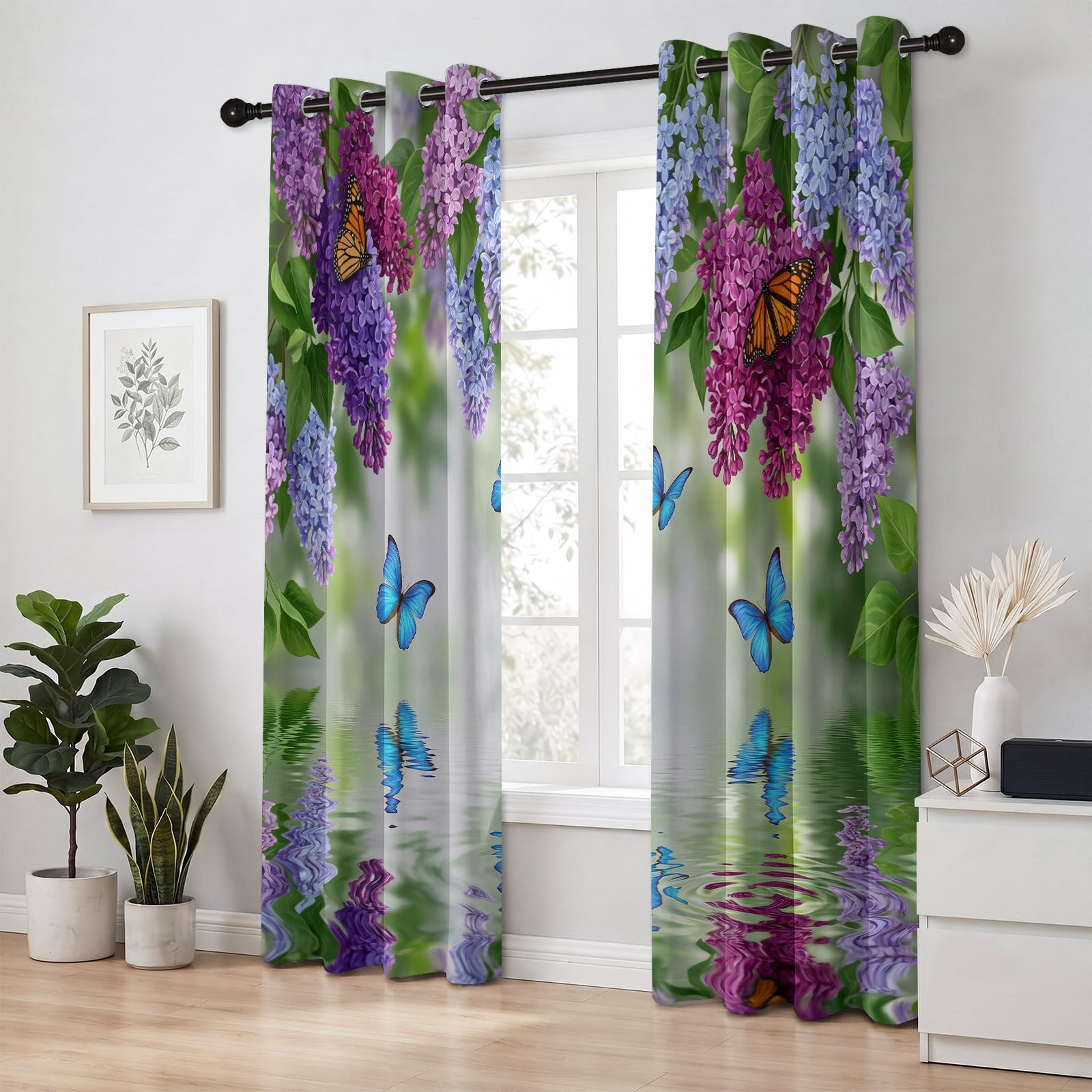 Generisch Natur Blumen Vorhänge für Schlafzimmer 138 x 117 cm (H x B), Thermo Verdunkelung Flieder Schmetterling Vorhang Wohnzimmer Kälteschutz - Blickdichte Gardinen mit Ösen, 2 Stück