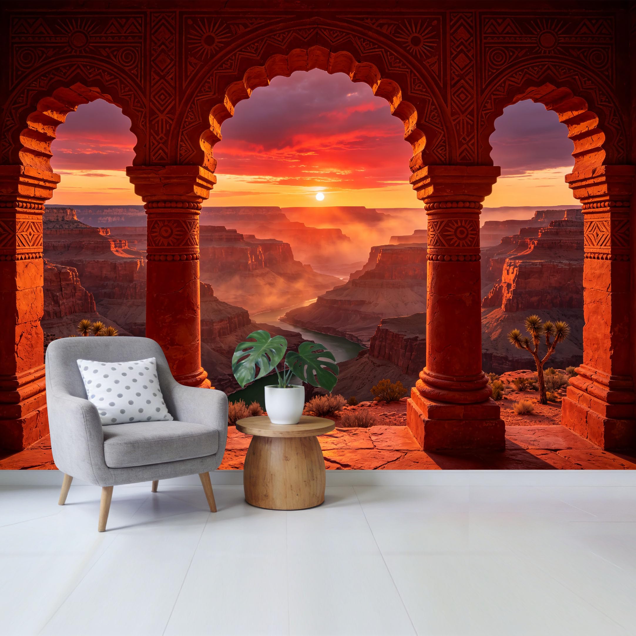 Custom Size Wall Mural Desert Canyon Sunset View Through Archway Landscape Removable Self Adhesive Fabric Home Wall Decor for Living Room Bedroom Bathroom