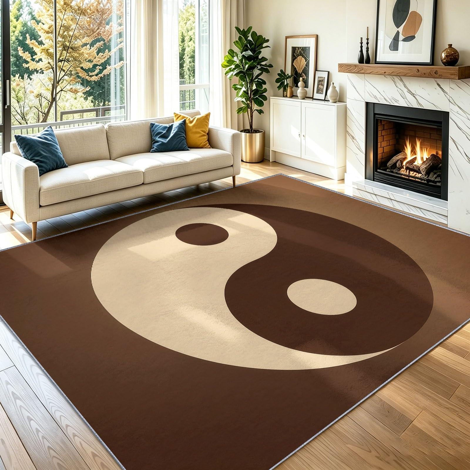 Wohnzimmer Teppich – Traditionell Orientalisch Retro, Yin Yang Symbol Punkte, Esszimmer Schlafzimmer Küche Flur, Waschbarer Rutschfester Teppich, 180 x 240 cm DunkelDunkel