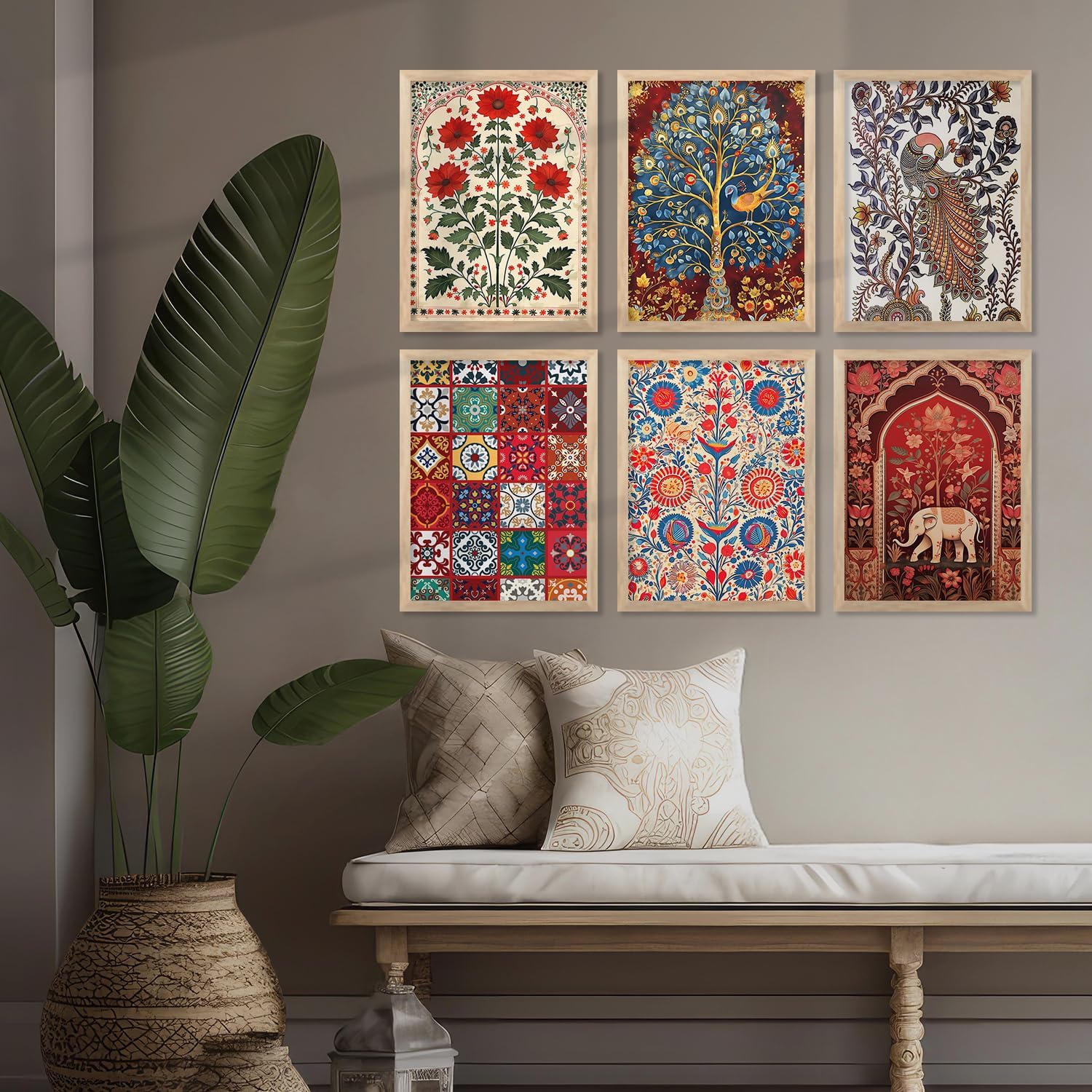 kotart Indian Art Wall Painting Madhubani Home Decoration Frame With For Living Room Bed Room Hotel Wall Decor Digital Reprint Engineered Wood Set of 6 (M)