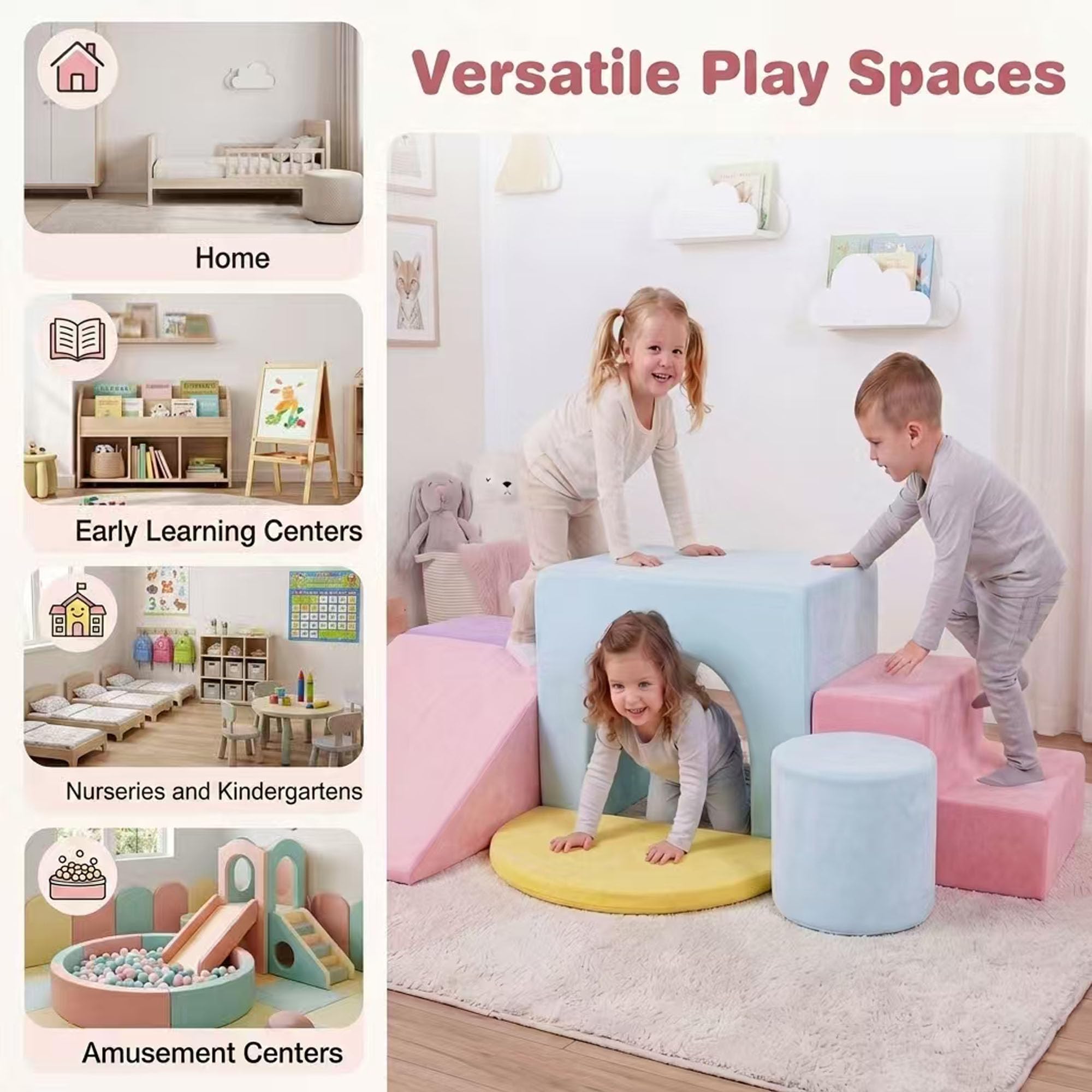 LIFEZEAL 6 Blocchi Morbidi per Bambini 3+ Anni, Costruzini Lavabili con Arrampicata, Scivolo e Scaletta, Mattoncini in Schiuma a Diverse Forme, Giochi Sensoriali per Cameretta e Asilo (Rosa)