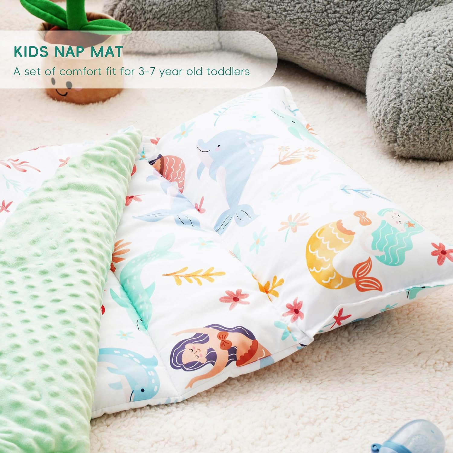 Bunnikins & Clover Toddler Nap Mat with Removable Pillow, Nap Mats for Preschool, Easy Clean Toddler Nap Pad for Kindergarten, Kids Sleeping Bag for Travel Camping