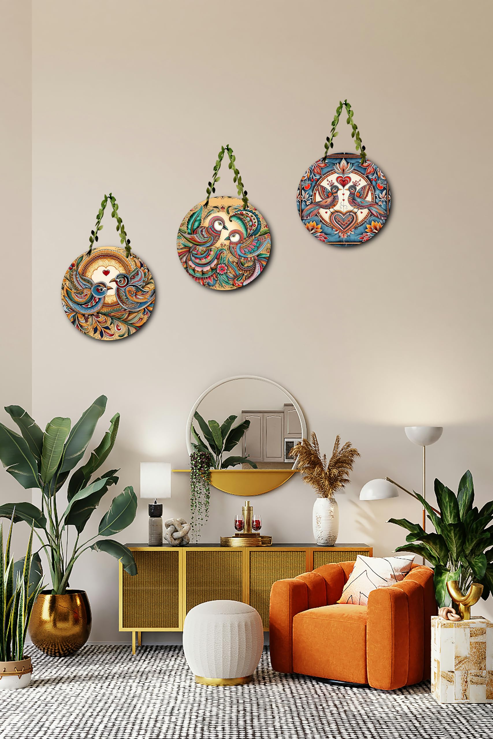 MDA Ethnic Love Bird Wall Hanging Set β Round Decorative Wall Plates for Home & Living Room | Wall Art Decor Items | Birds-Cir-(Set of 3) 3