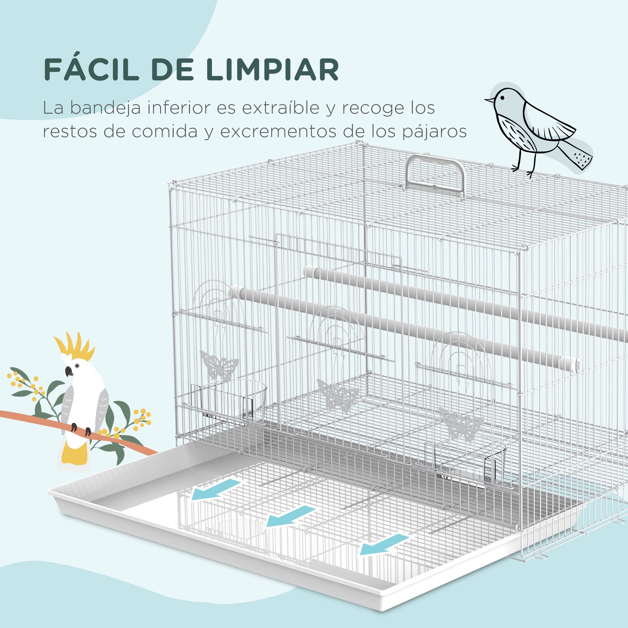 PawHut Jaula Pajaros 60x41x41cm Pajarera Pajaro Loros Canarios Cotorras Hierro Blanco
