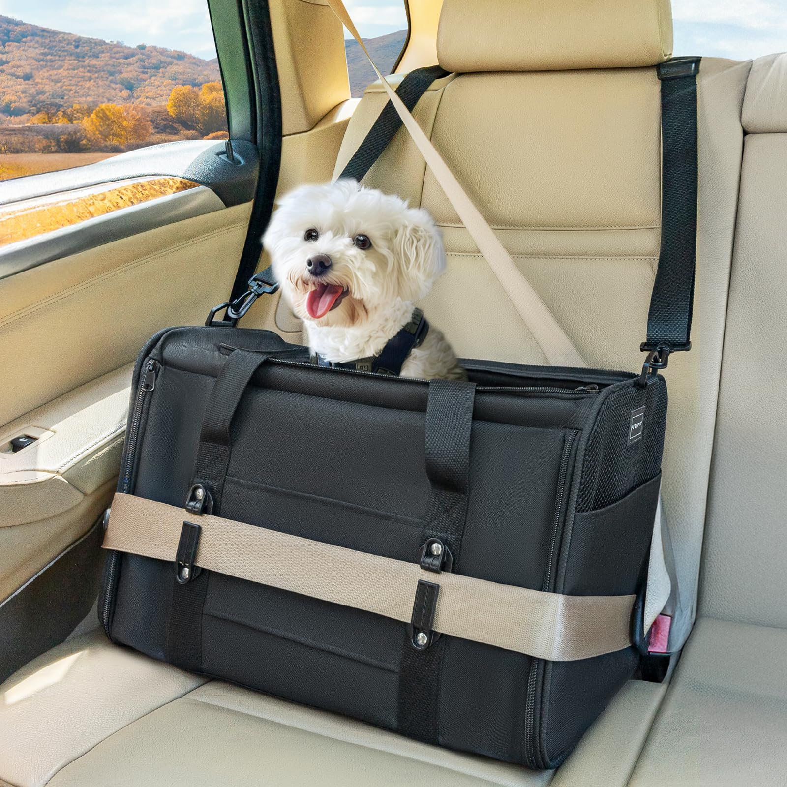 Petsfit Large Cat Car Carrier with Patented Safety Buckle – Escape Proof Cat Car Seat for Safe Driving, Lockable Zipper & Anti-Loss Harness, Soft-Sided Secure Carrier,also Suitable for Small Pets