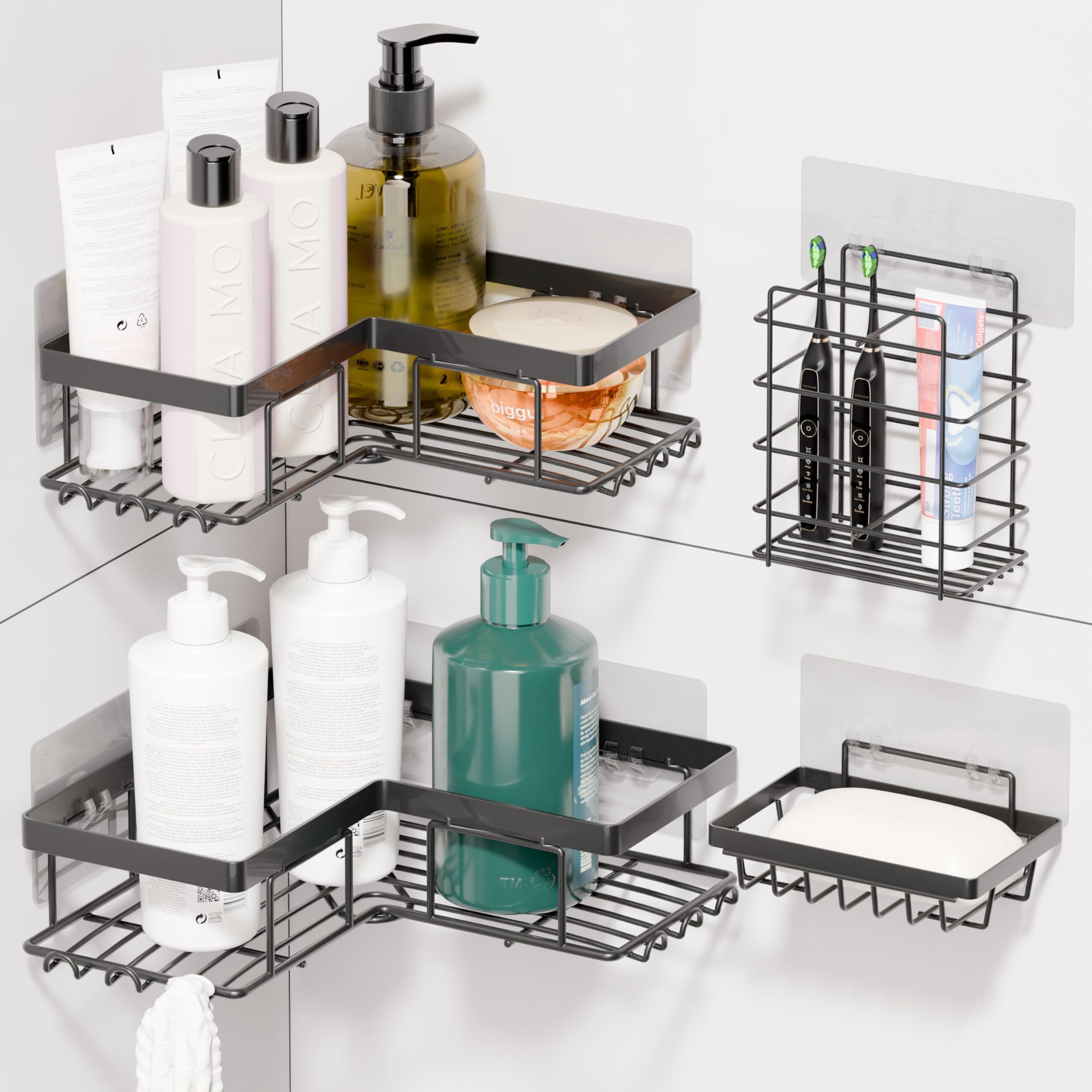 Innoshopp Corner Shower Caddy 4 Pack Bathroom Organizer with Soap Holder Brush Holder and 12 Hooks - Rustproof