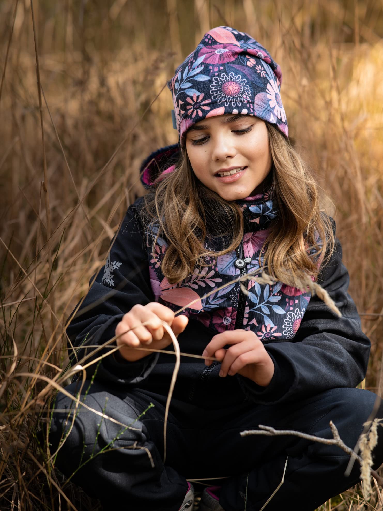 Chaqueta Softshell para niños con forro polar, diseño de flores mágicas, color negro