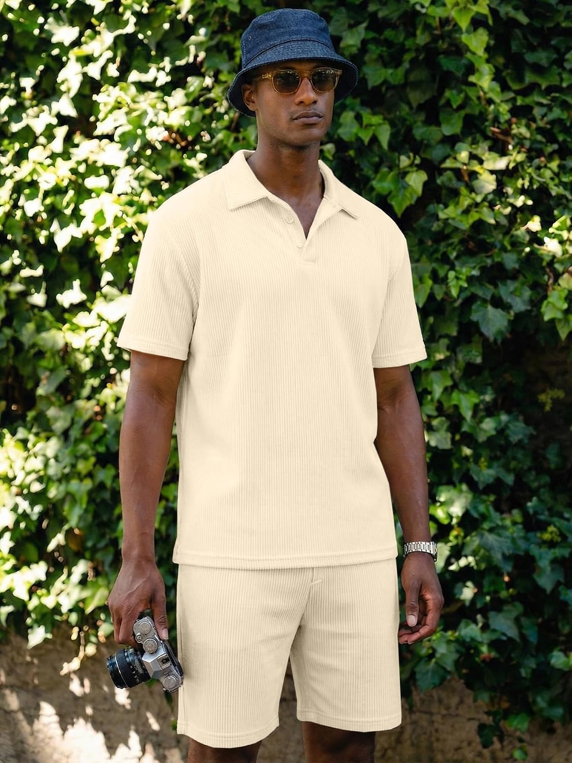 JMIERR Men's Casual 2 Pieces Summer Outfits Knit Textured Short Sleeve Polo Shirt And Shorts Vacation Beach Set for Men