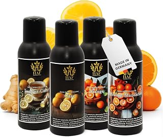 HAF Saunaaufguss Set „Zitrusfrüchte“ - 4 x 100ml Sauna Aufgussmittel Citro, Ingwer-Citro, Orange, Orange Mandarine - Saunaduft mit natürlichen ätherischen Ölen & ohne Zusätze