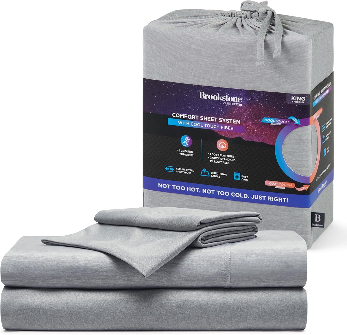 Brookstone Comfort Juego de sábanas King – Innovadoras sábanas refrescantes para personas que duermen calientes – Sueño profundo con regulación de temperatura – Juego de 4 piezas de sábana bajera suave, ajustable y dos fundas de almohada – Gris