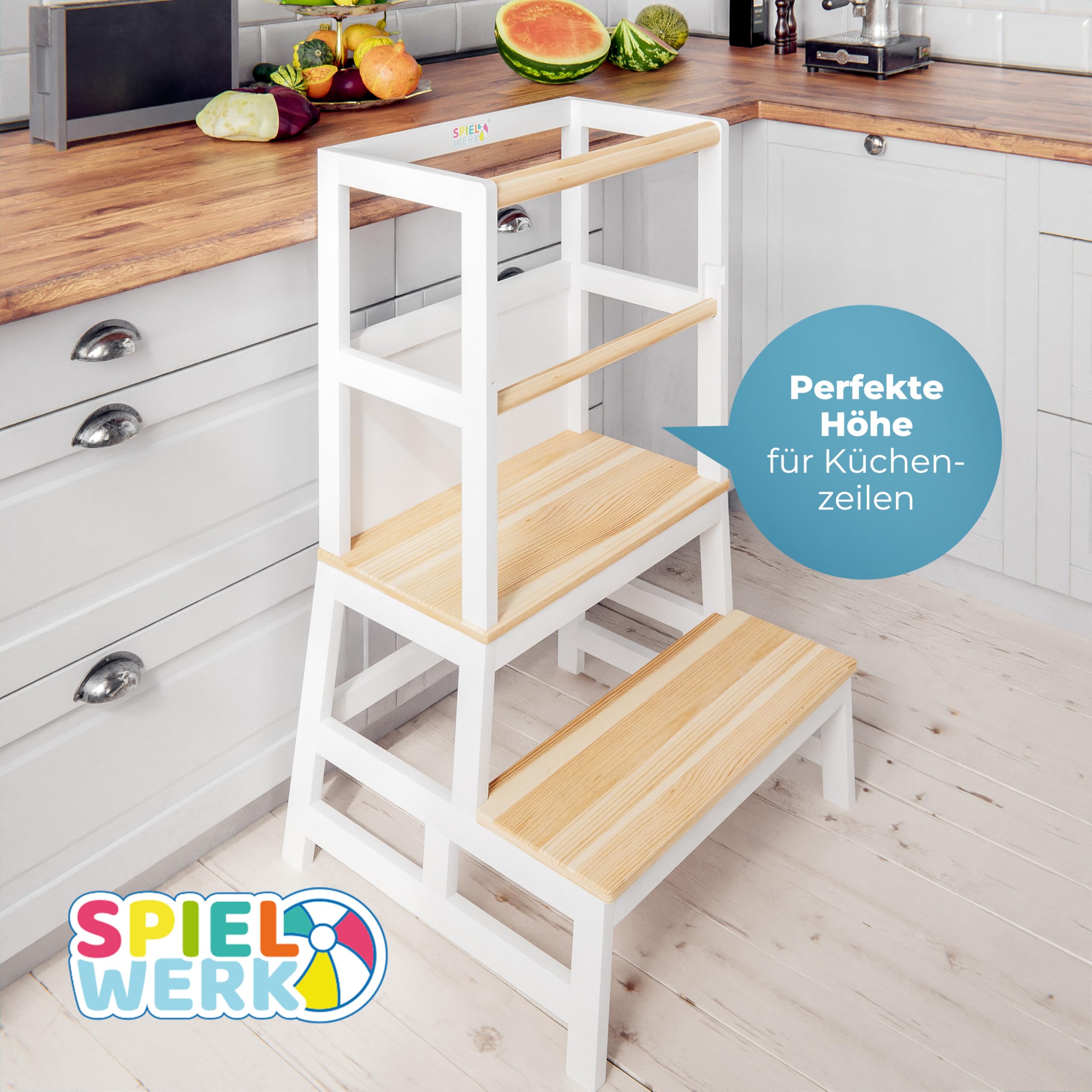 Spielwerk® Lernturm ab 2 Jahren Kinder mit Tafel Montessori 93cm Hoch Learning Tower 100kg Belastbar Trittschemel Kiefer Lernstuhl Küche Weiß Holz