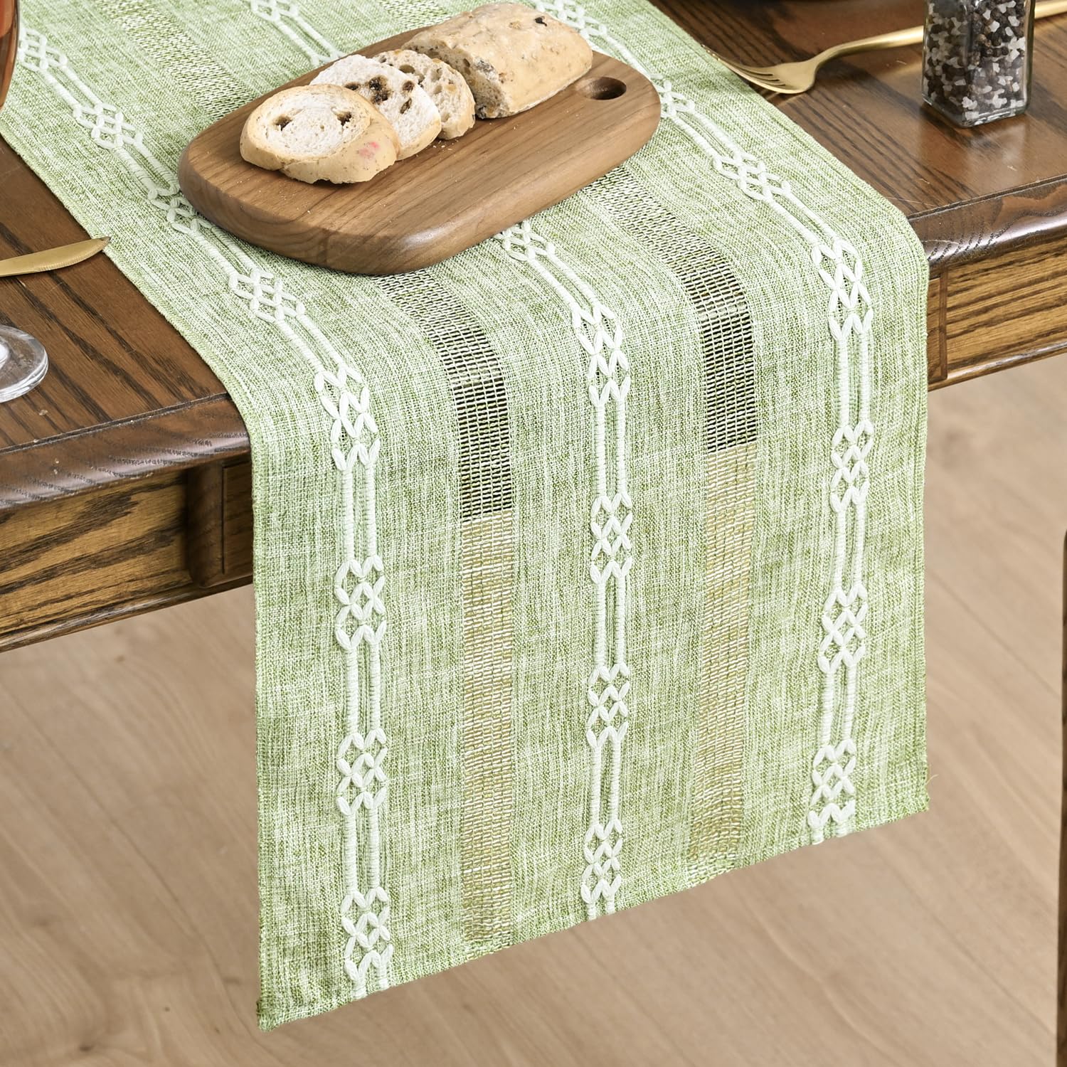 Artoid Mode Linen Farmhouse Rustic Boho Green Table Runner 33x243 cm, Seasonal Vintage Holiday Kitchen Dining Table Decoration for Home Party Decor