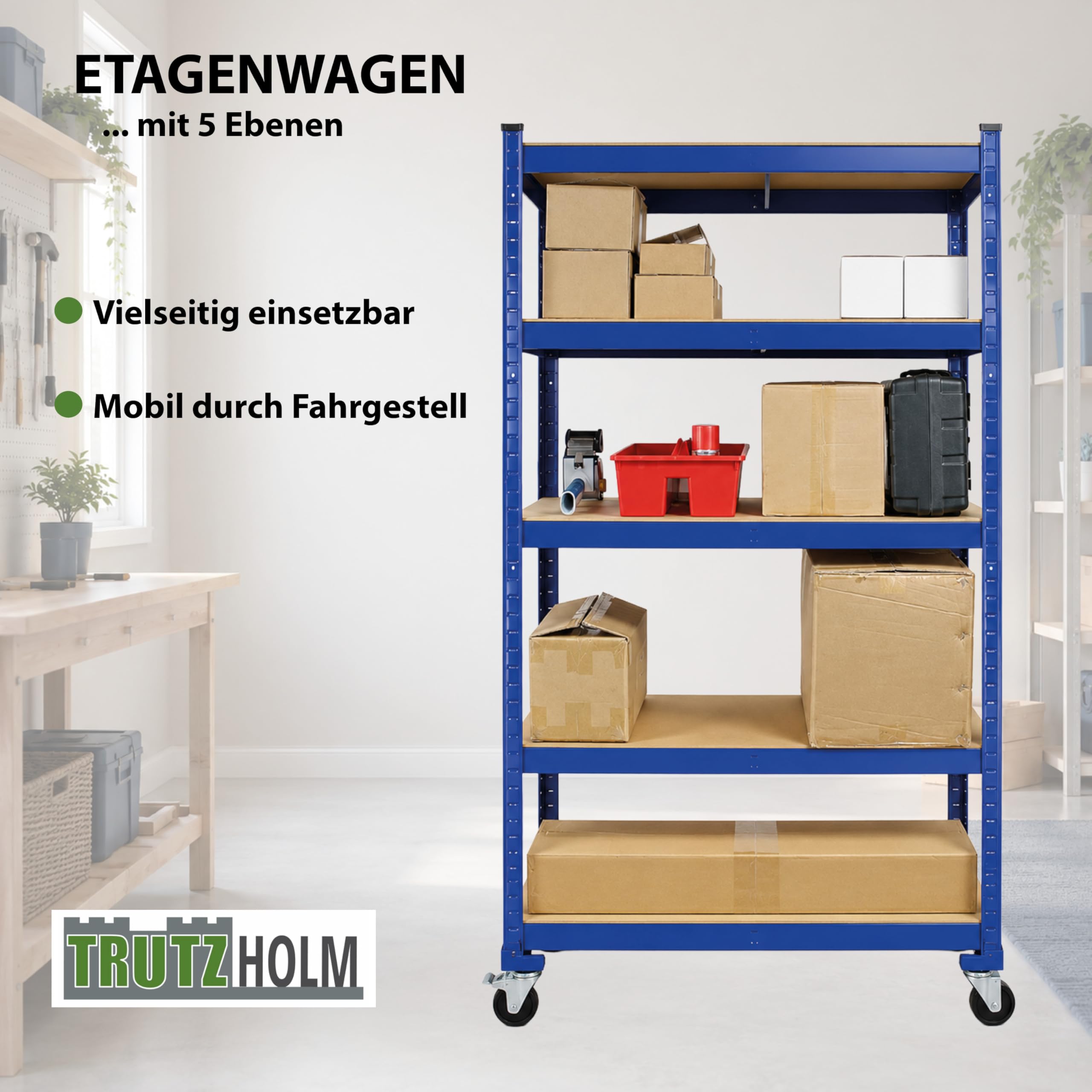 Etagenwagen Transportwagen mit 5 Eben | 195x90x45 cm | Traglast 750 kg | Magazinwagen Kommissionierregal Regal Lagerregal Garagenregal Werkstattregal Kommissionierwagen