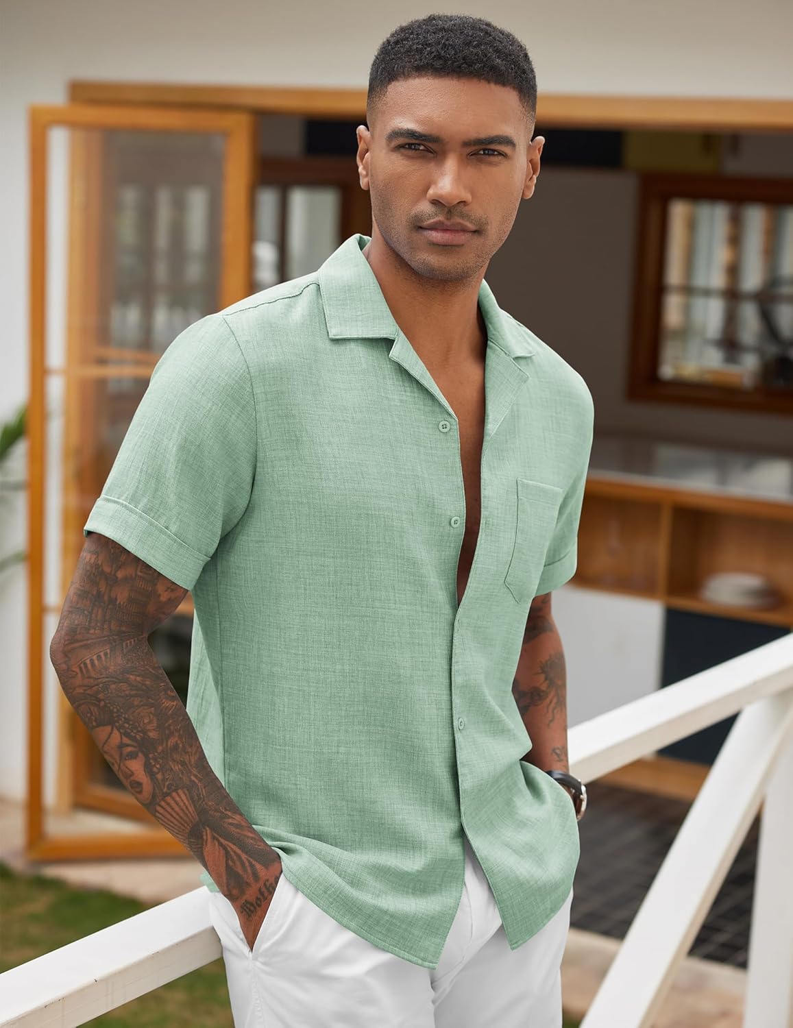 COOFANDY Mens Casual Short Sleeve Button Down Shirts Cuban Linen Textured Shirt Summer Beach Wear - Image 3