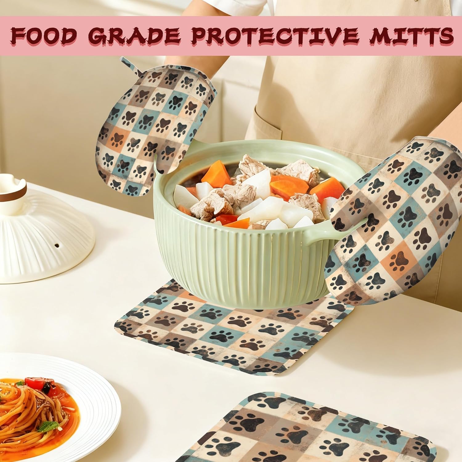 Cute Paw Print Heat-Resistant Silicone Oven Mitts and Pot Holder 4 Piece Set,Vintage Non-Slip Kitchen Oven Gloves for Baking, BBQ, Cooking,Grilling