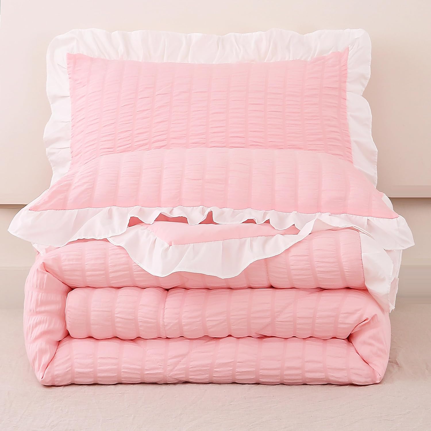 Mengersi Seersucker Comforter Set,Boho Chic Ruffled Comforter Set,Washed Microfiber Lightweight Bedding Set for All Seasons (Pink, Full)