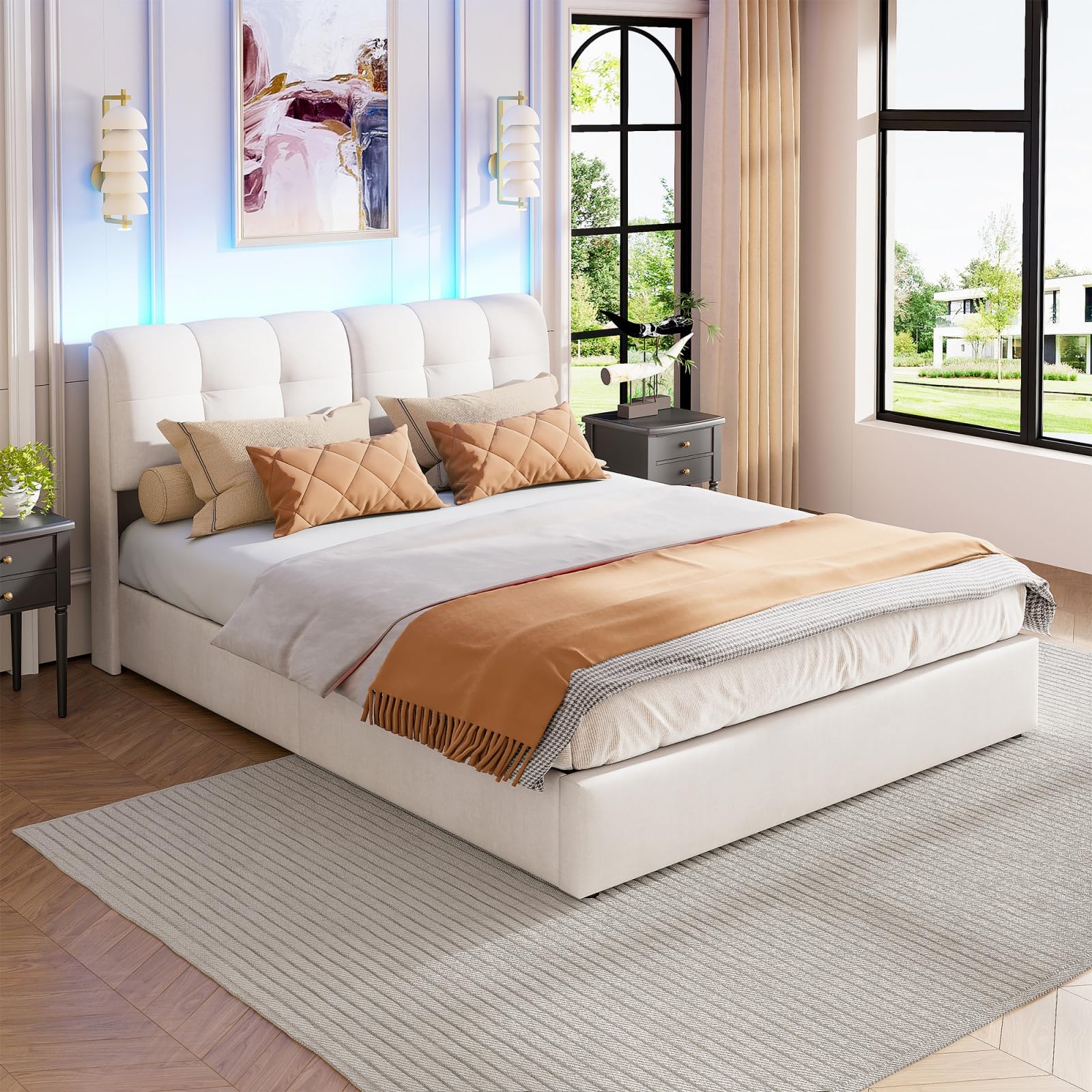 Letto matrimoniale imbottito con contenitore, struttura letto ottomana in velluto con alzata a gas, letto per camera da letto con LED e rete a doghe, per adulti e ragazzi, beige, senza