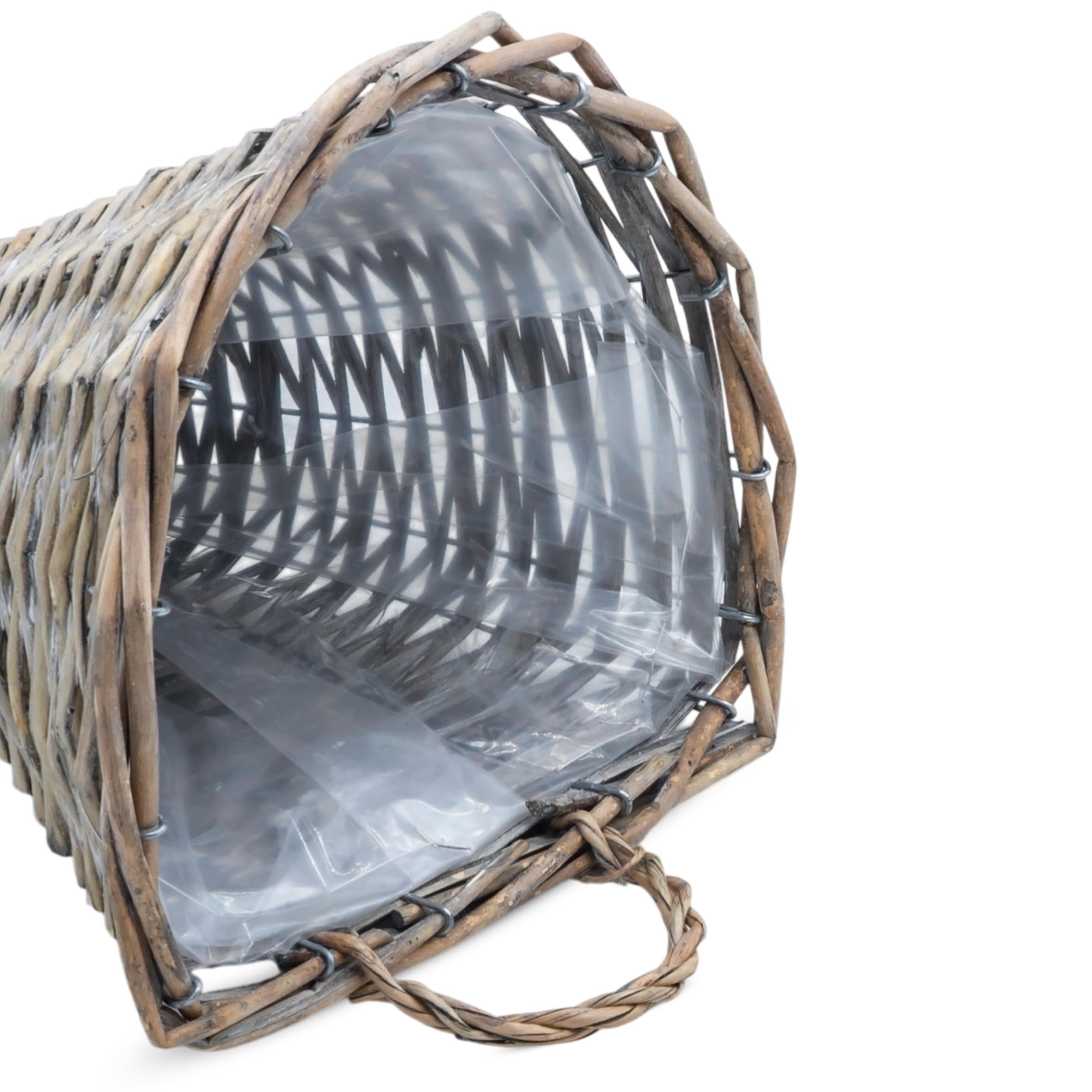 Rattan ścienny wiszący kosz na kwiaty, stożkowy, 32 x 25 cm, naturalny, z folią – zestaw 2 sztuk – pleciony kosz na rośliny do zawieszenia, półokrągły, do wnętrz i na zewnątrz – kosz na kwiaty