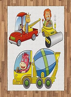 Lunarable Cartoon Area Rug, Animals Driving Construction Vehicles Style Machine Fun Building Print, Flat Woven Accent Rug ...