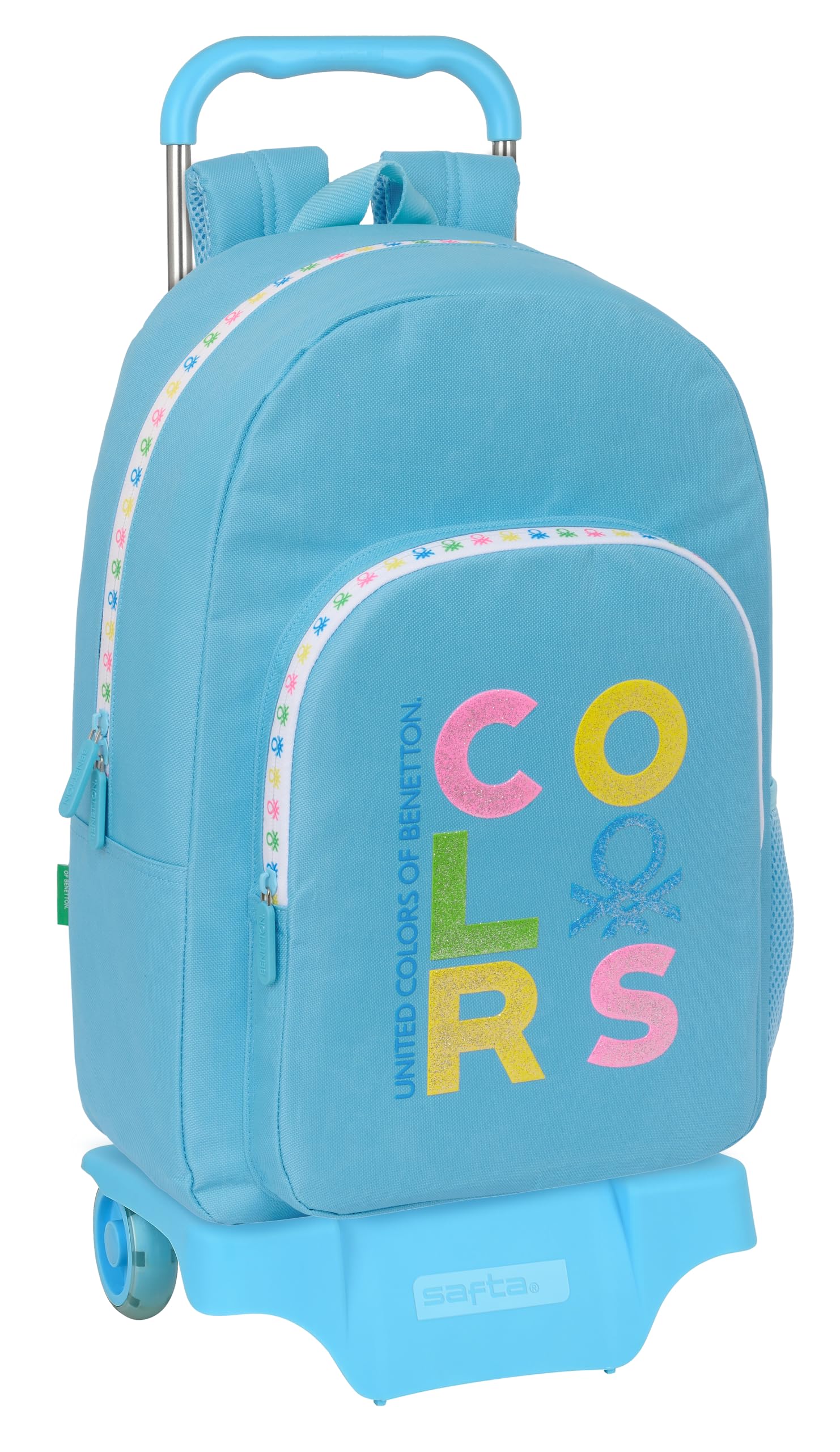 Safta BENETTON SPRING - Mochila Escolar Grande con Carro 905, Ideal para Niños de Diferentes Edades, Cómoda y Versátil, Calidad y Resistencia, 32x13.5x44 cm, Color Celeste
