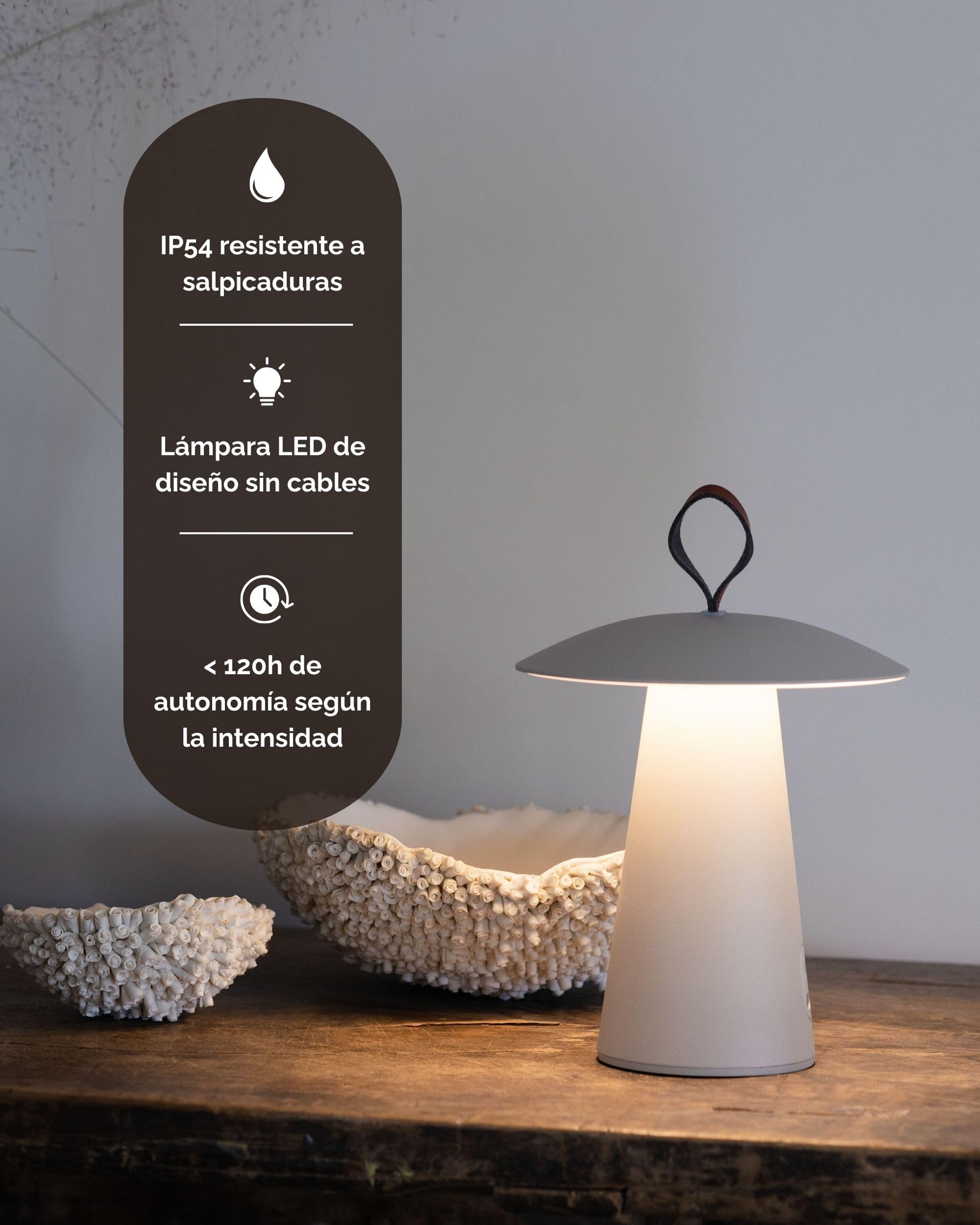 LUUK Studio Lámpara de Mesa LED Forma de Seta Inalámbrica, Recargable con Batería de Hasta 120h de Autonomía, USB-C, IP54, Lámpara Decorativa Moderna para Interior, Dormitorio, Exterior, Beige