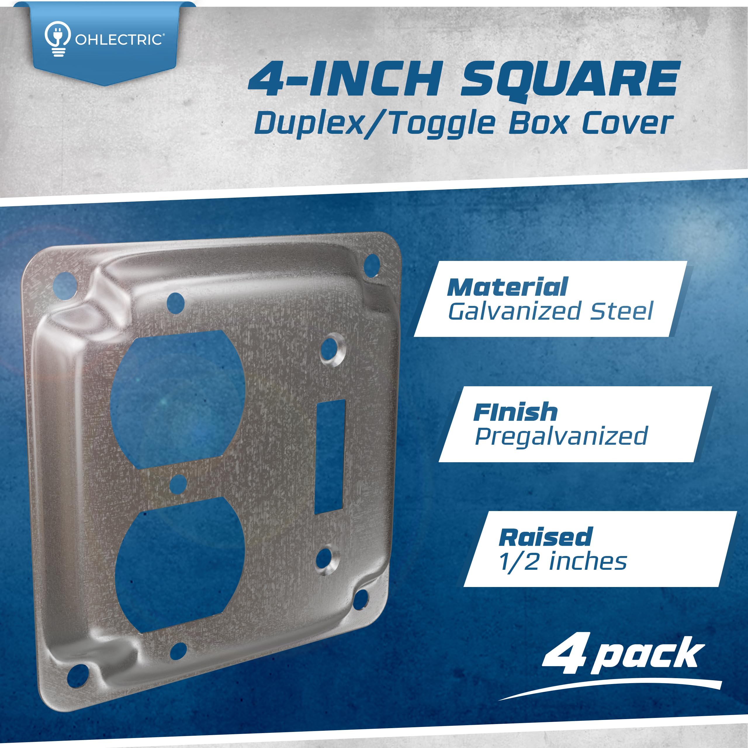 OHLECTRIC Crushed Corner Steel Box Cover with 1 Duplex Receptacle & Toggle Switch| 4” Square Electrical Box Cover, Fire Rated | Ideal for Wiring Connection Protection and Wiring Devices (4-Pack)